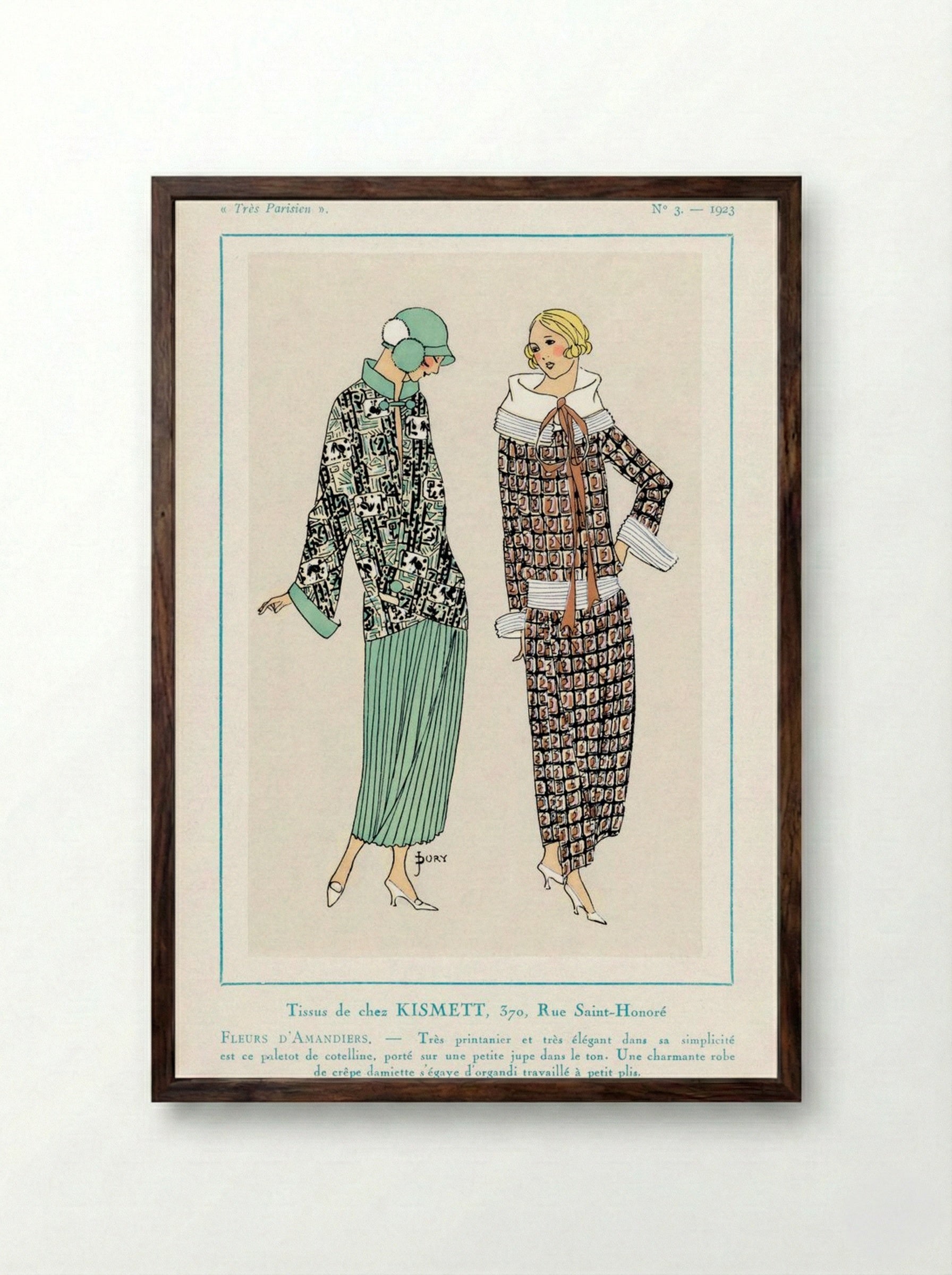 Fashion Illustration for Tissus de Chez Kismett (Très Parisien) - Fine Art Print - Framed Print Dark Wood