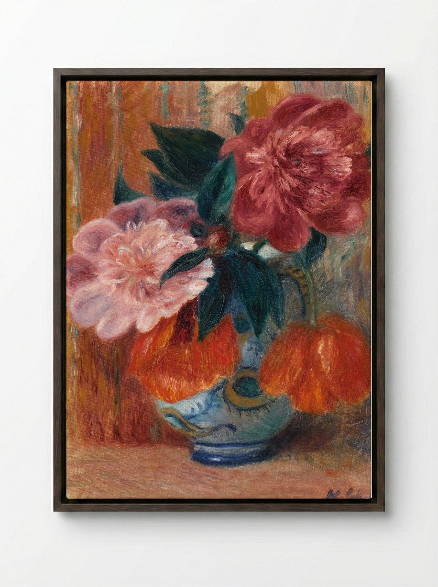 Tulips and Peonies in Pitcher - William James Glackens - Framed Canvas Dark Wood