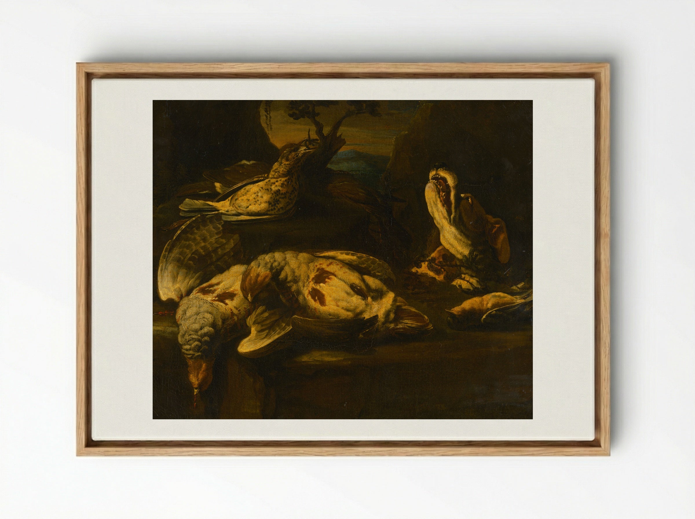 Hunting Still Life with Birds and Dog - Fine Art Print - Framed Canvas Wood