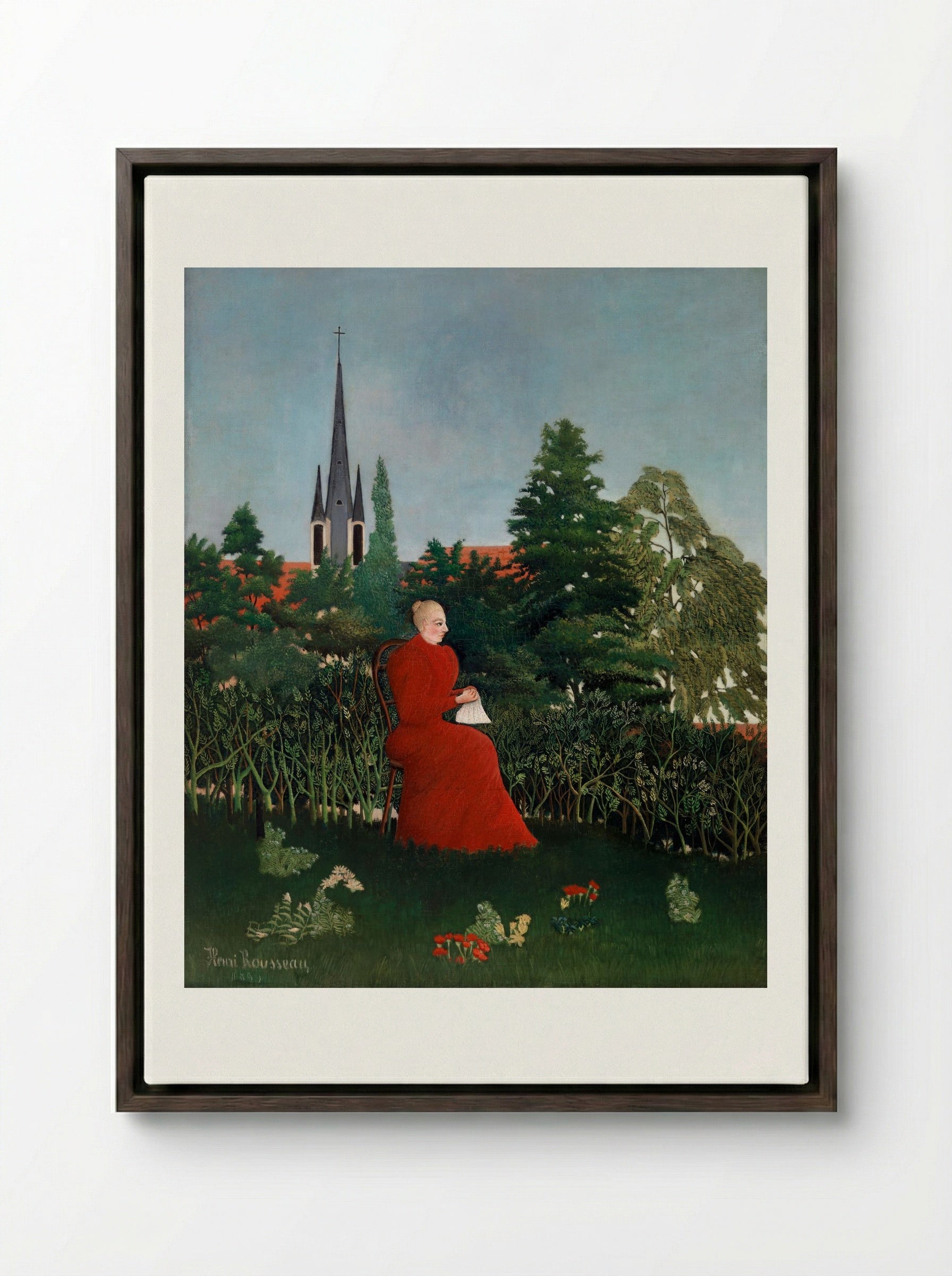 Portrait of a Woman in a Landscape - Henri Rousseau - Framed Canvas Dark Wood