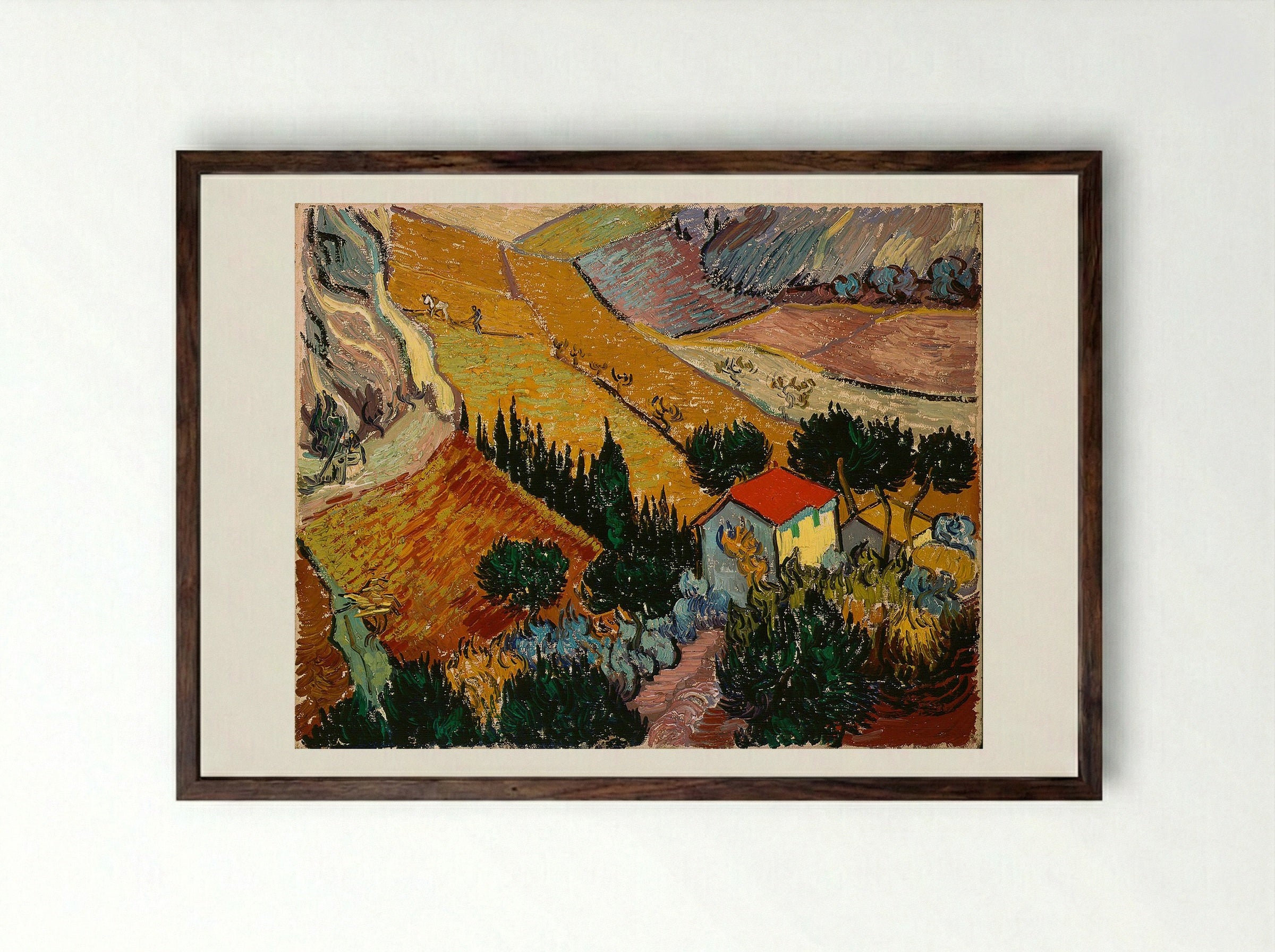 Landscape with House and Ploughman - Vincent van Gogh - Framed Print Dark Wood