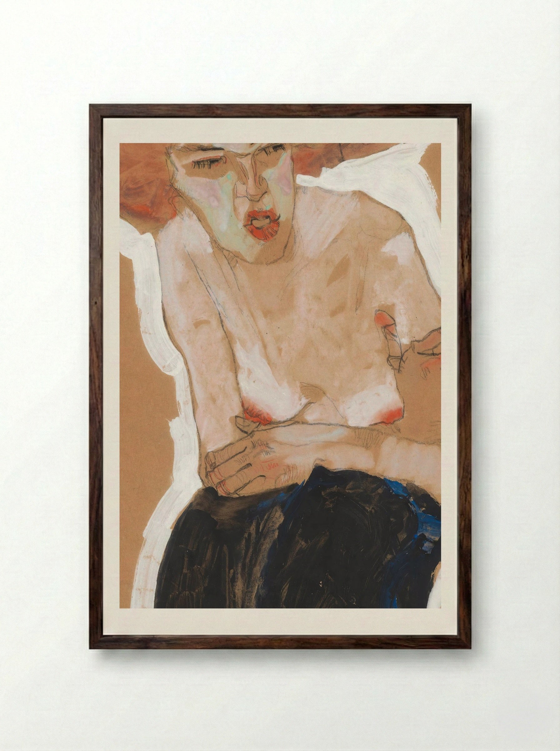 Die Häusliche (Seated Woman with Hat) - Egon Schiele - Framed Print Dark Wood