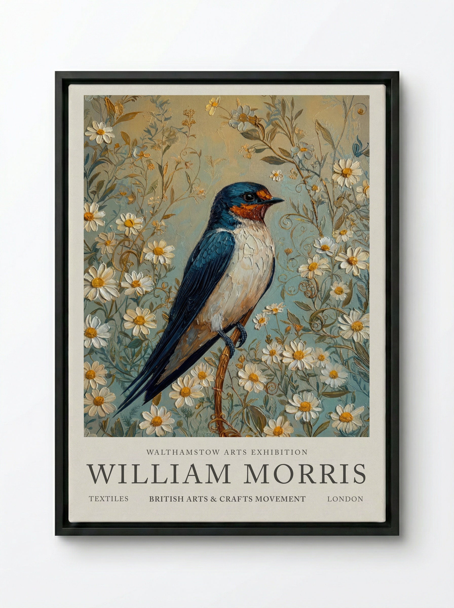 Barn Swallow Symphony - William Morris - Framed Canvas Black