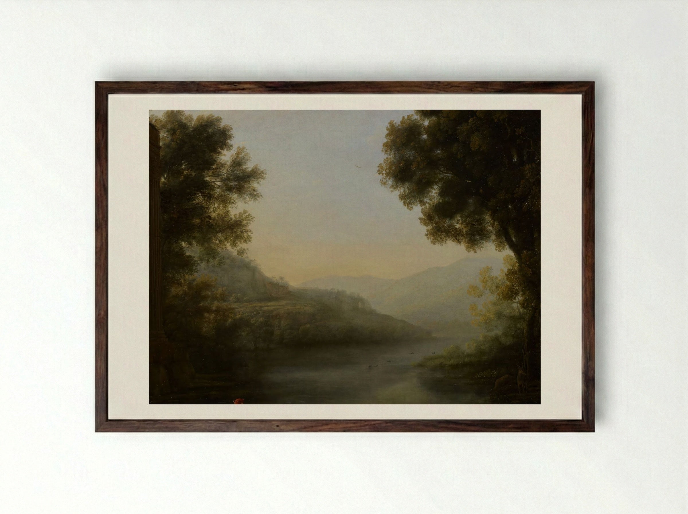 Two Goat Herders Seated on the Left Bank of a River Amidst Their Flock - Nicolaes Berchem - Framed Print Dark Wood