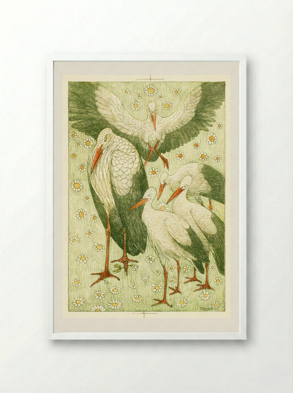 Vijf ooievaars in een wei (Five Storks in a Meadow) - Theo van Hoytema - Framed Print White