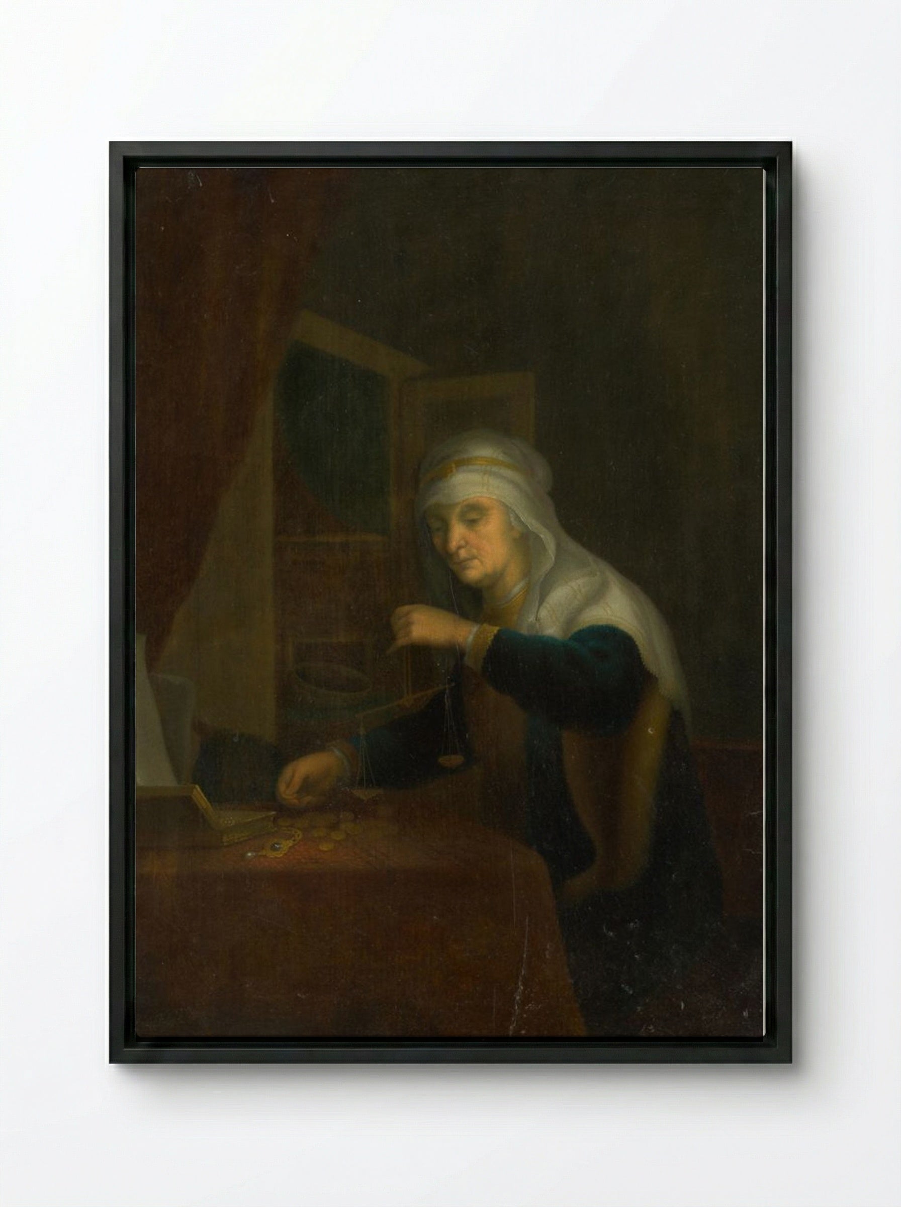 The Weighing of Gold - Pieter de Hooch - Framed Canvas Black