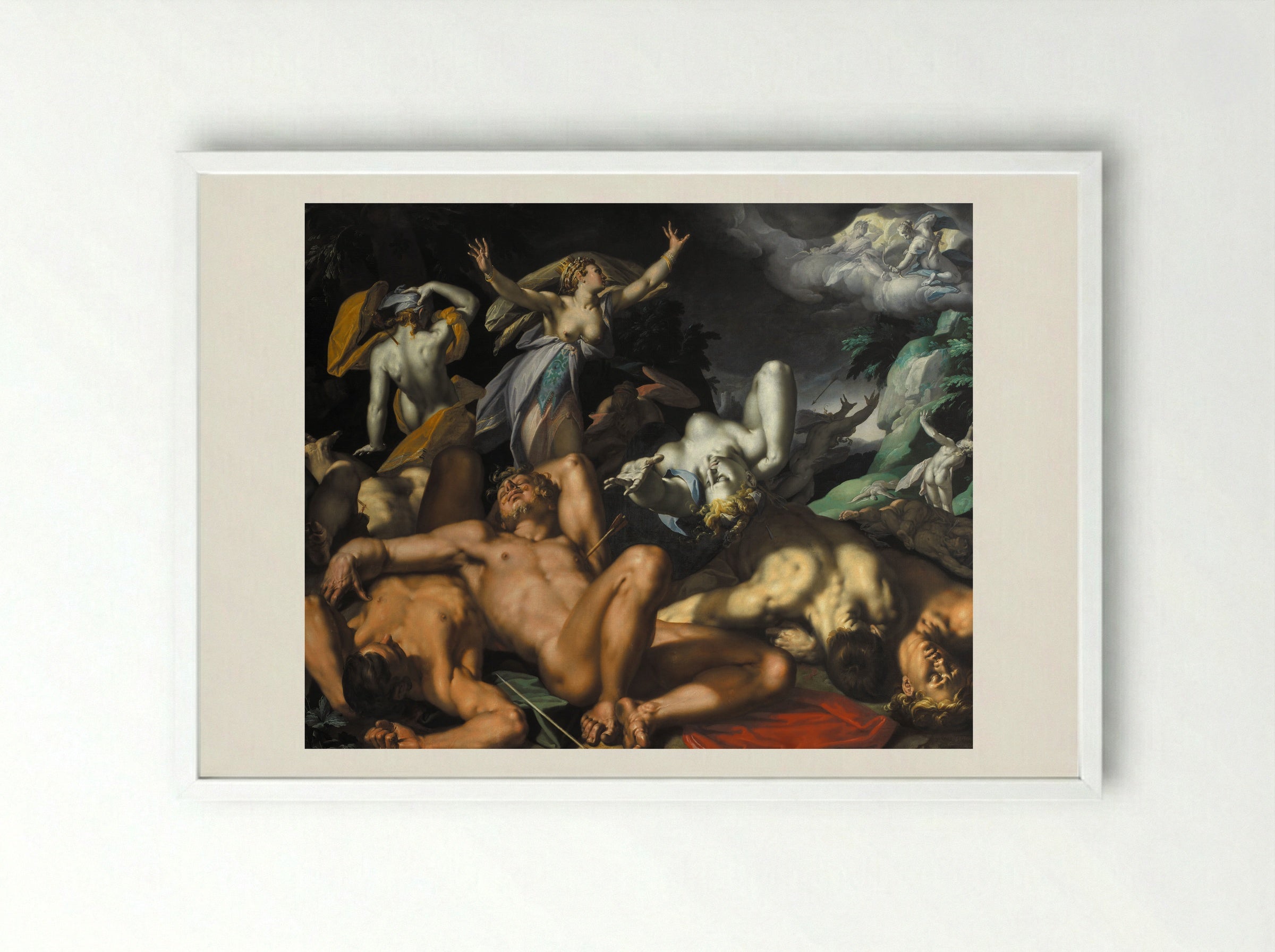 Apollo and Diana Punishing Niobe by Killing her Children - Abraham Bloemaert - Framed Print White