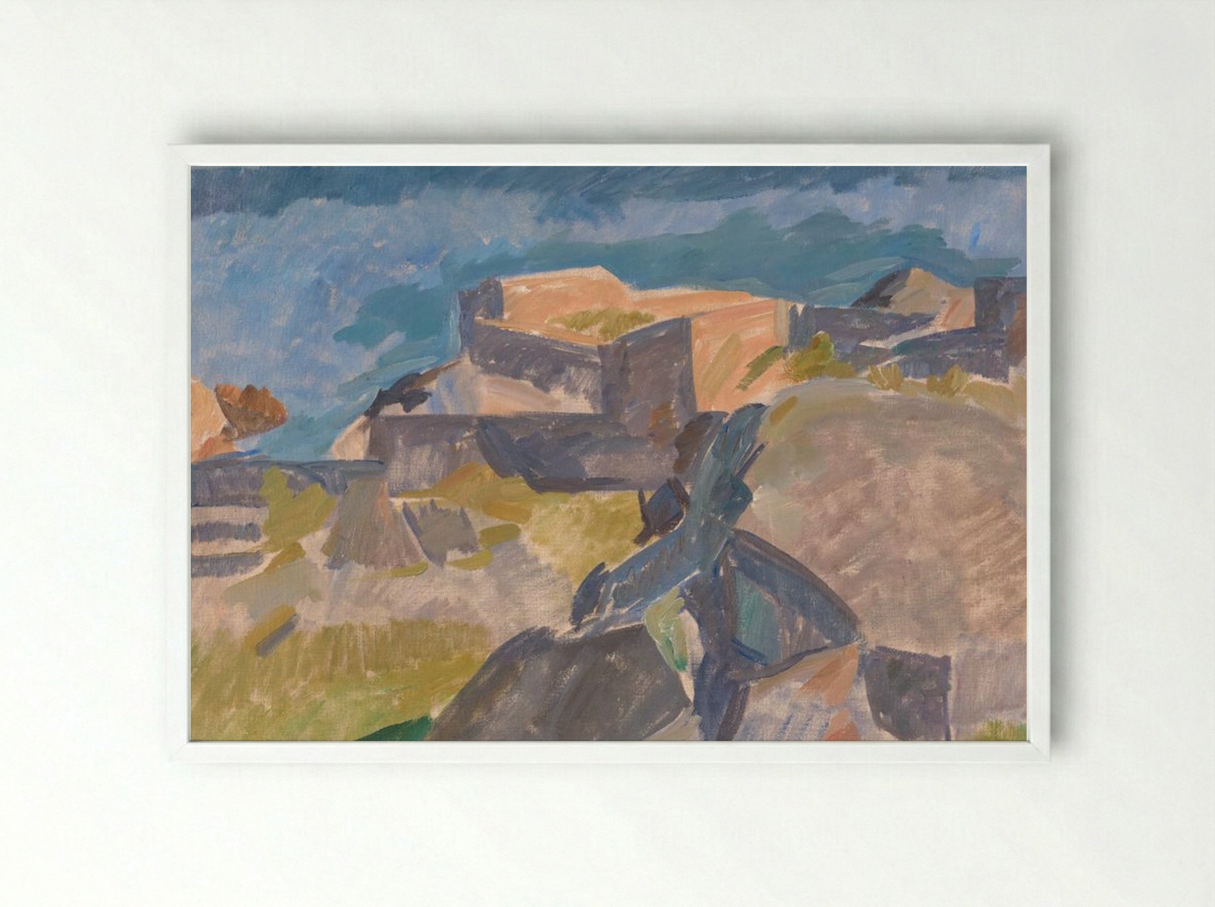 Coastal View with Buildings - Edvard Weie - Framed Print White