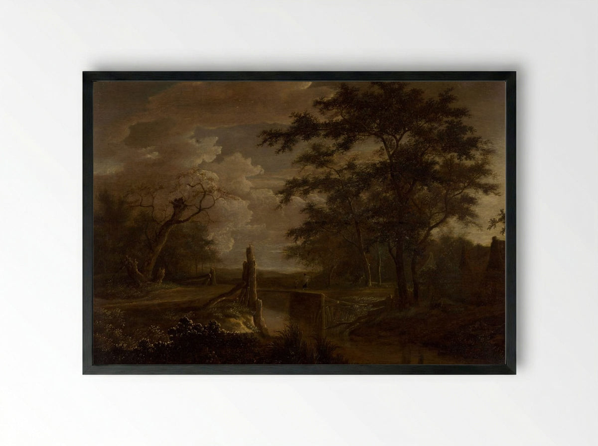 Landscape with River and Bridge - Jacob van Ruisdael - Framed Print Black