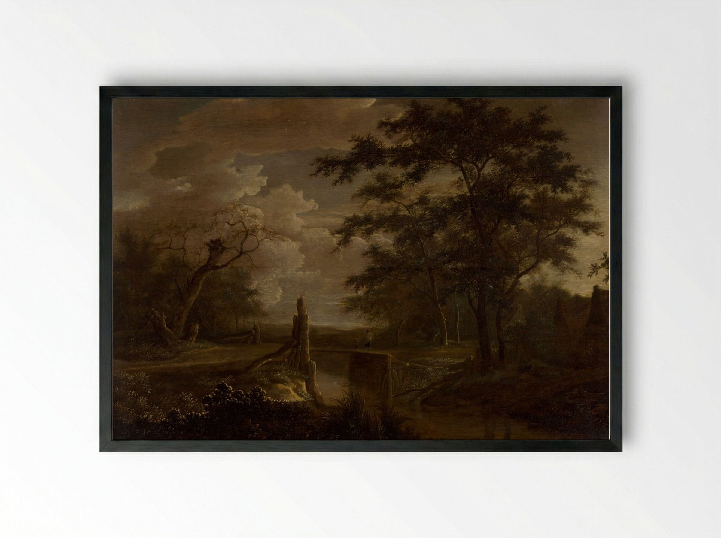 Landscape with River and Bridge - Jacob van Ruisdael - Framed Print Black