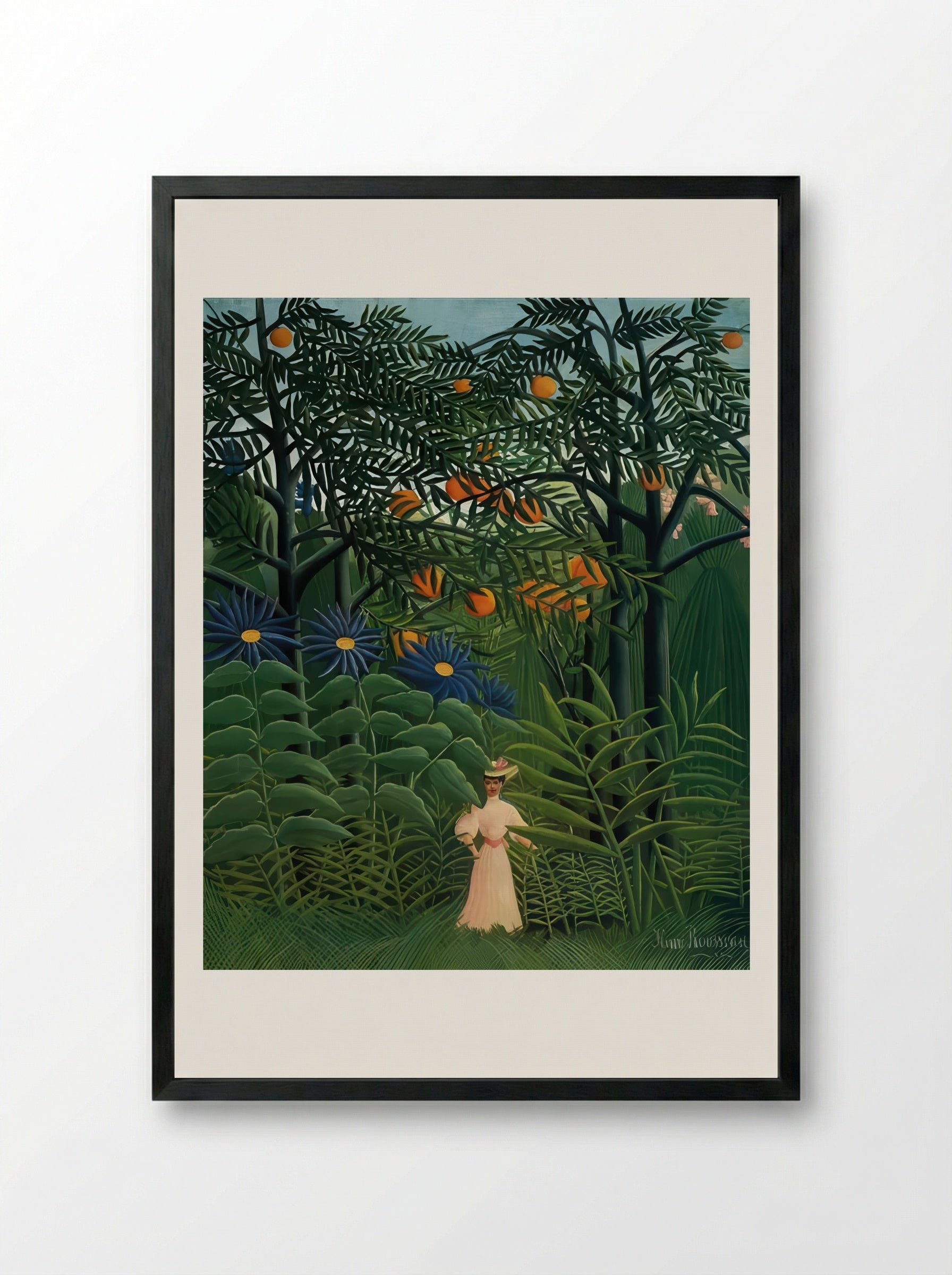 Woman Walking in an Exotic Forest by Henri Rousseau – Naïve Art Jungle Scene Print - Framed Print Black