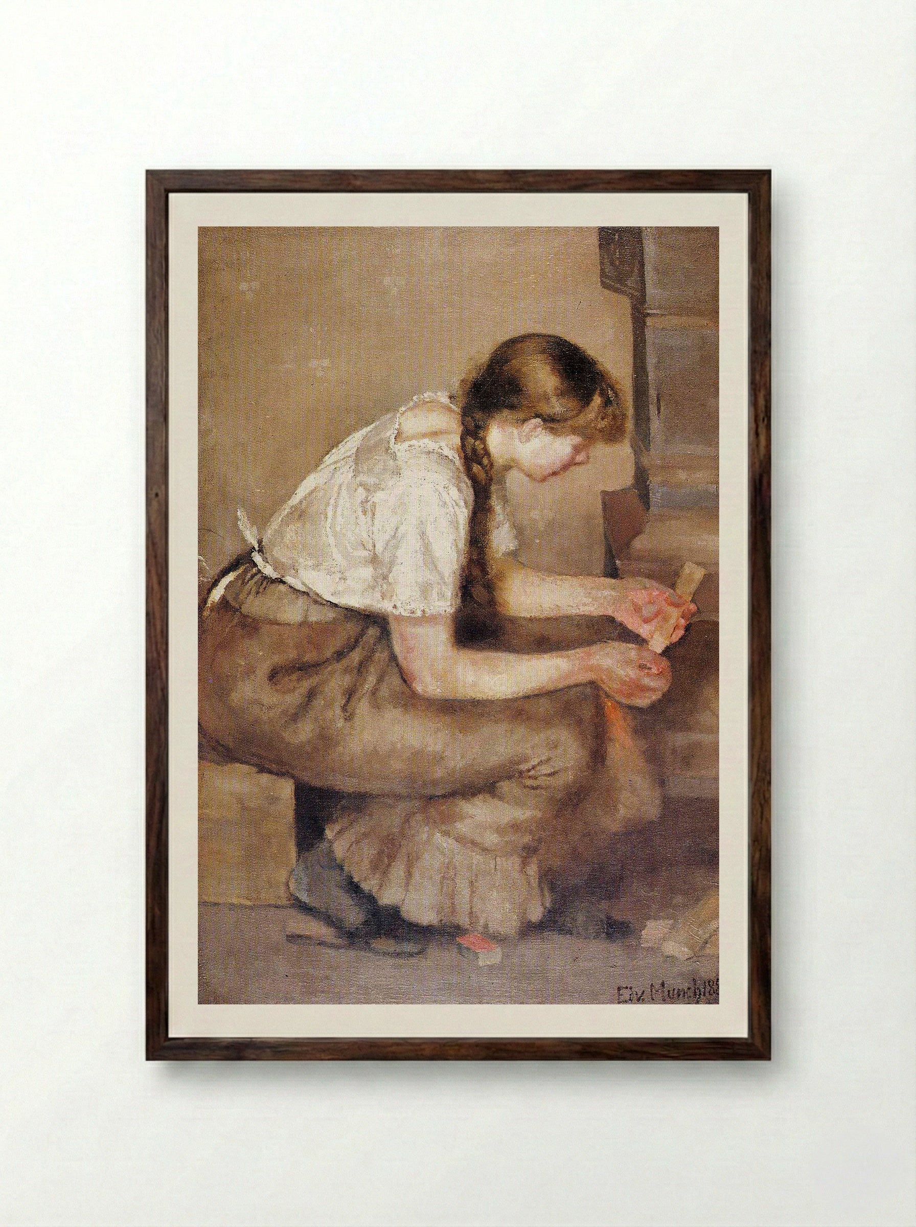 Girl Kindling a Stove - Edvard Munch - Framed Print Dark Wood