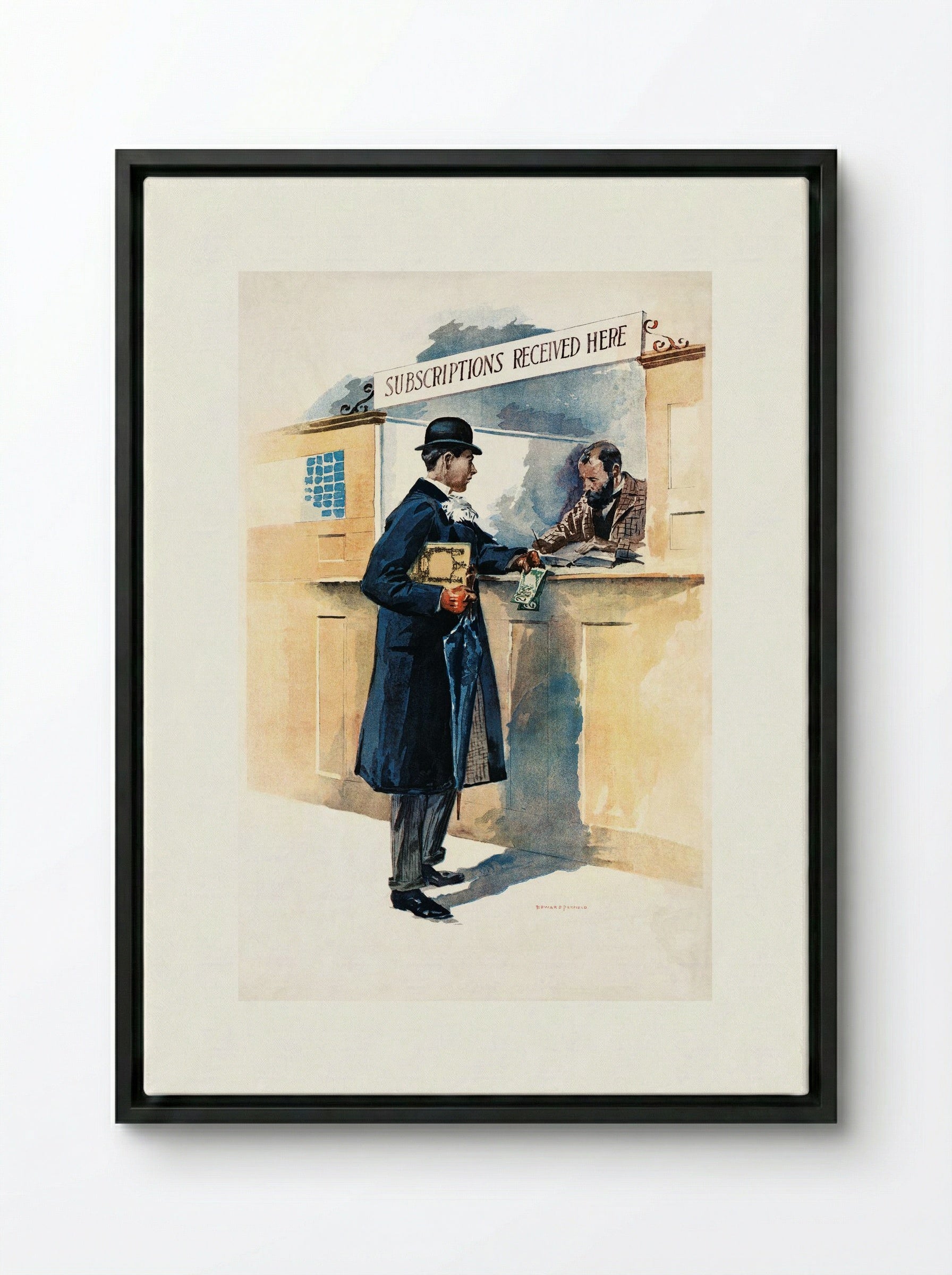 Man Getting Subscriptions - Edward Penfield - Framed Canvas Black