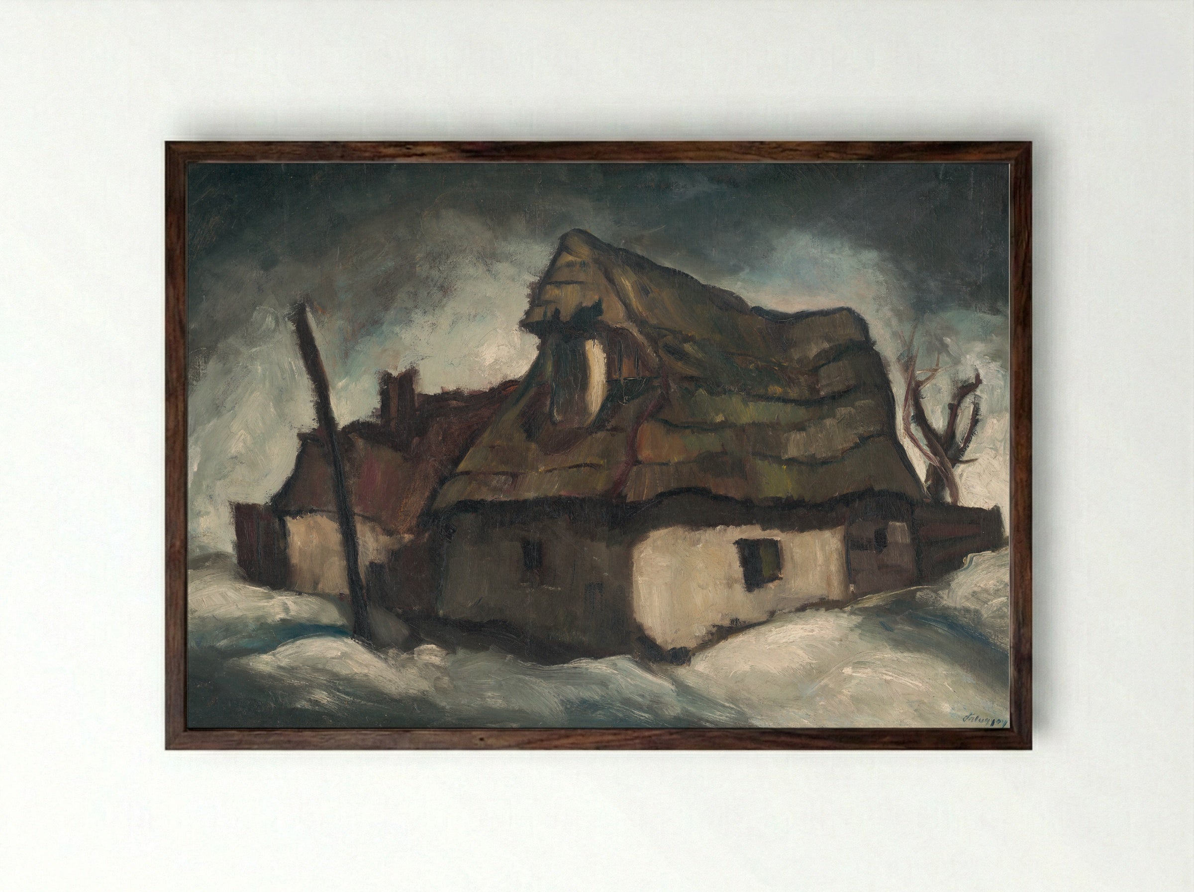 Cottages in Winter - Zolo Palugyay - Framed Print Dark Wood