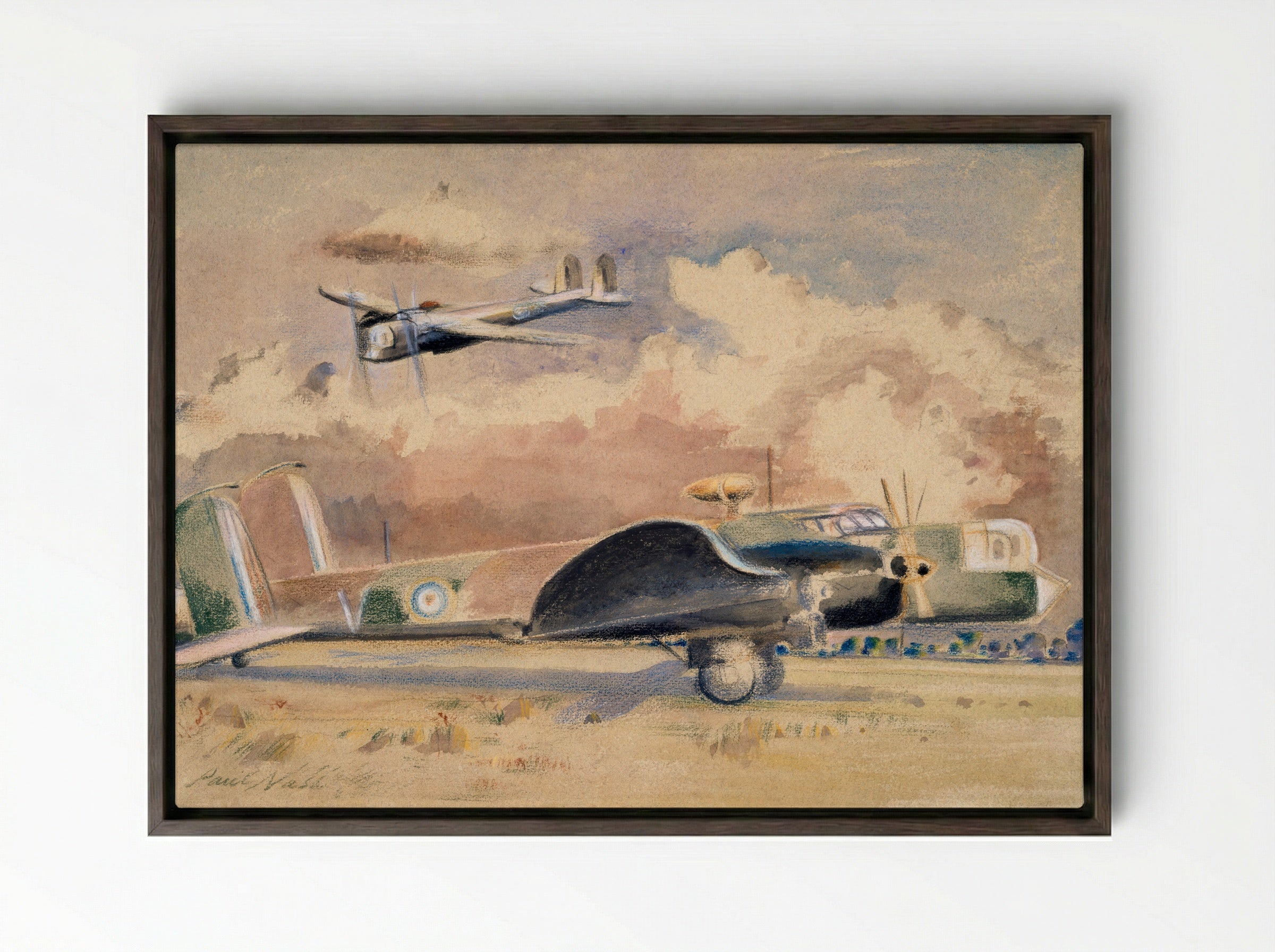 Whitley Bombers Sunning - Paul Nash - Framed Canvas Dark Wood