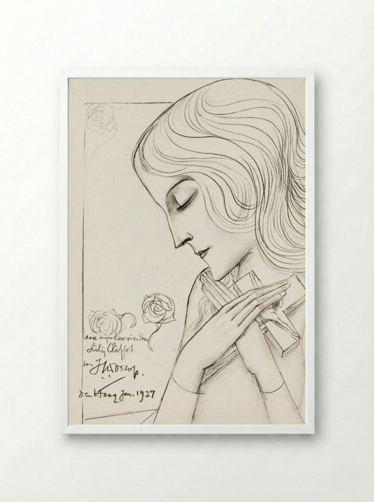 Young Girl Holding a Cross in Meditation - Jan Toorop - Framed Print White