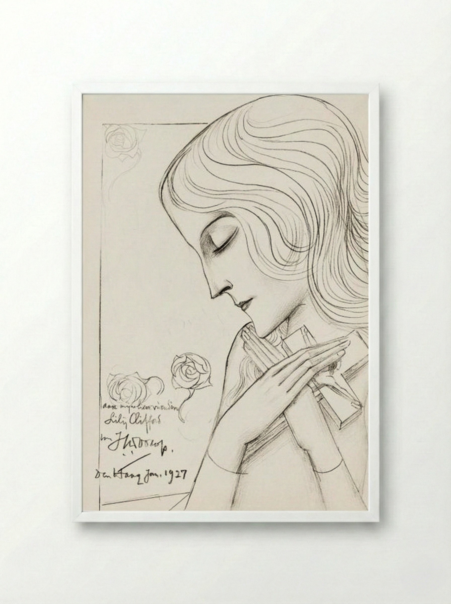 Young Girl Holding a Cross in Meditation - Jan Toorop - Framed Print White