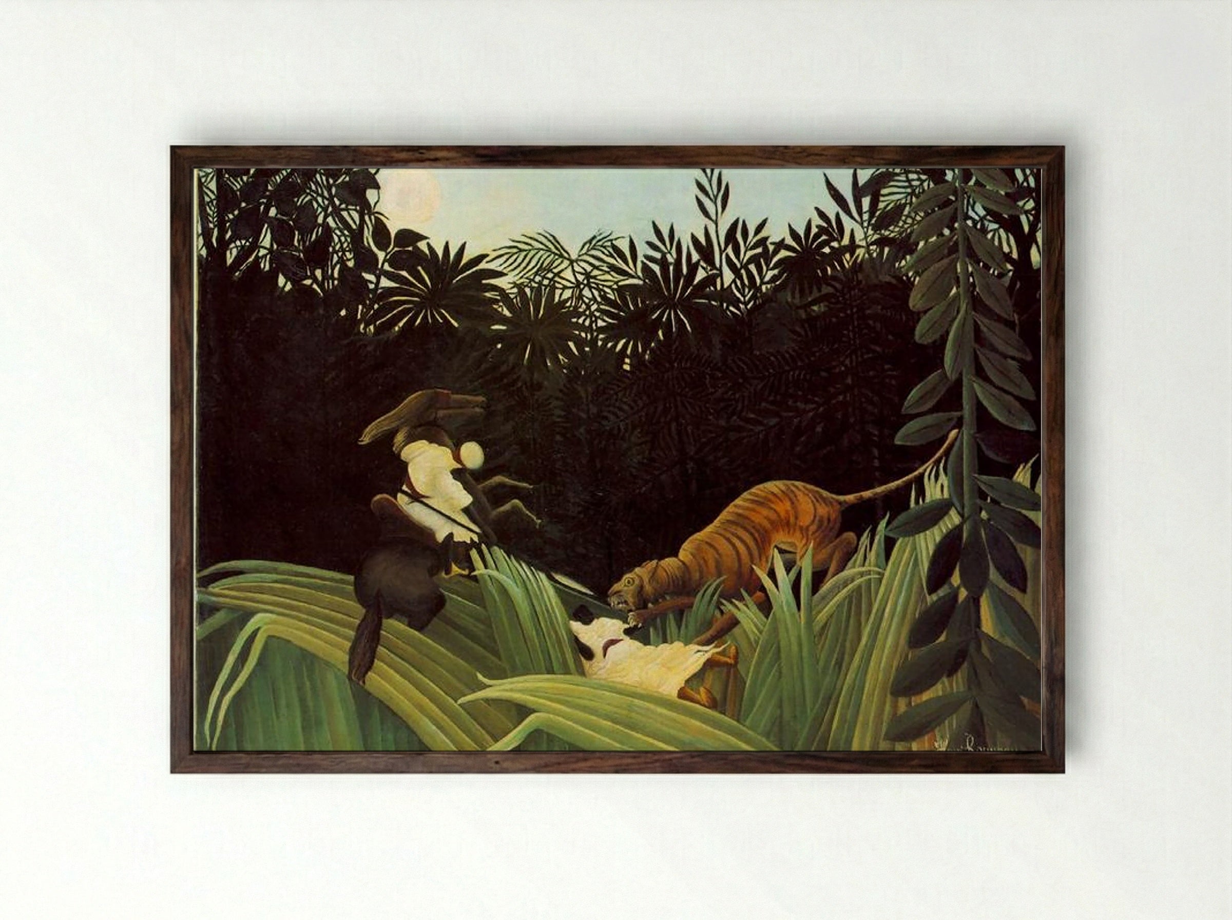 Scout Attacked by a Tiger - Henri Rousseau - Framed Print Dark Wood