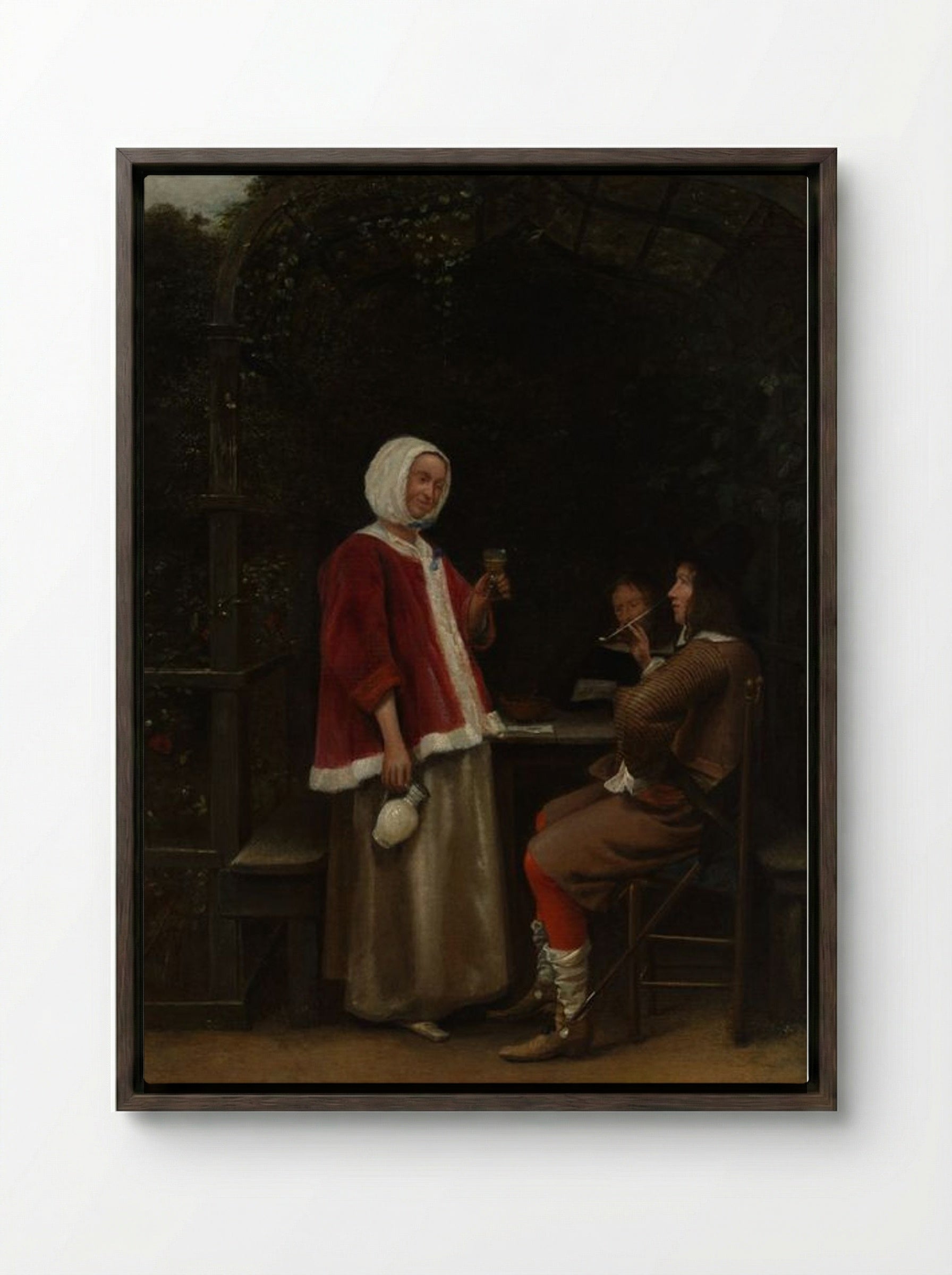 A Woman and Two Men in an Arbor - Pieter de Hooch - Framed Canvas Dark Wood