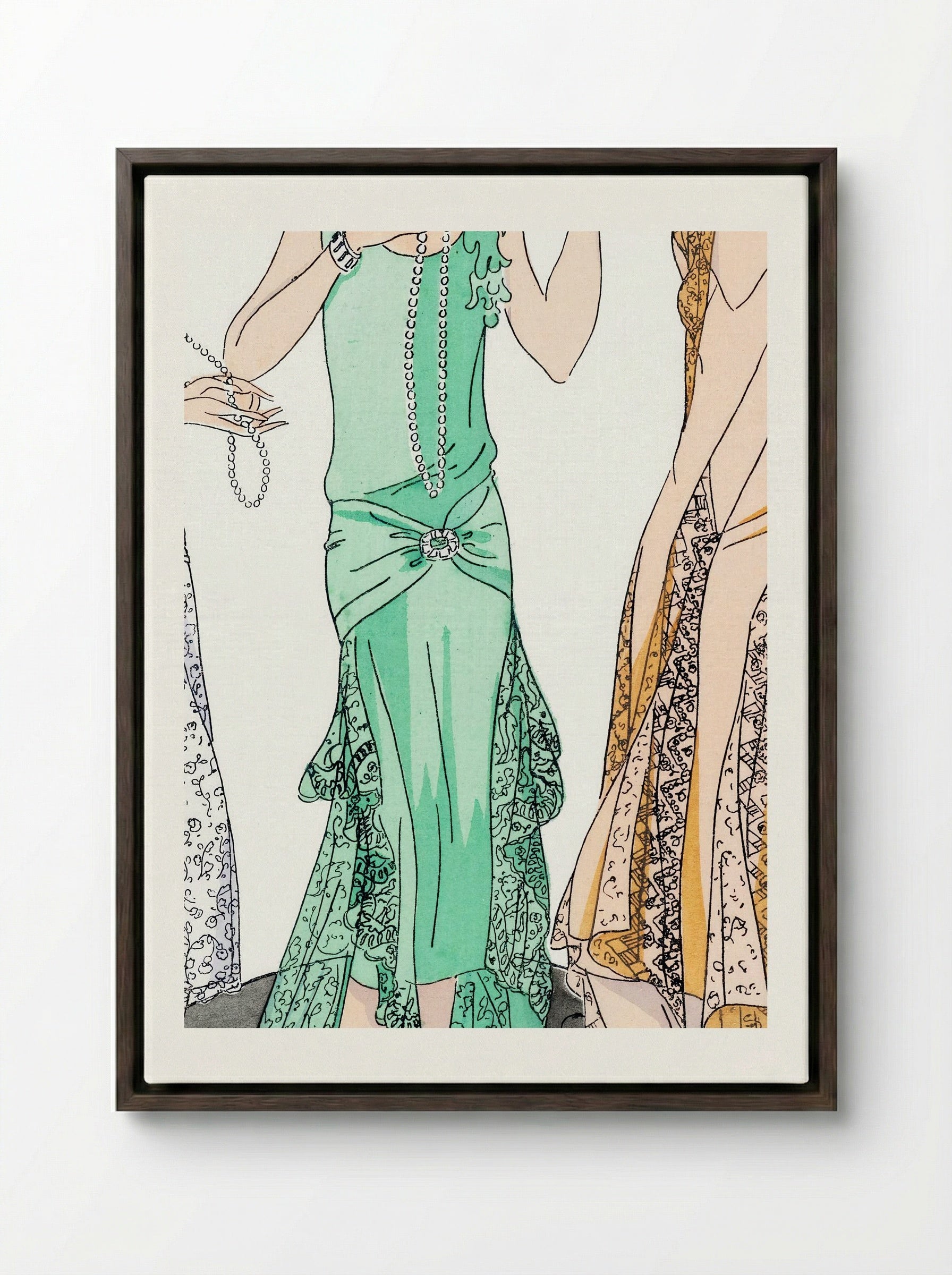 Three Evening Dresses with Lace - V. Racine - Framed Canvas Dark Wood