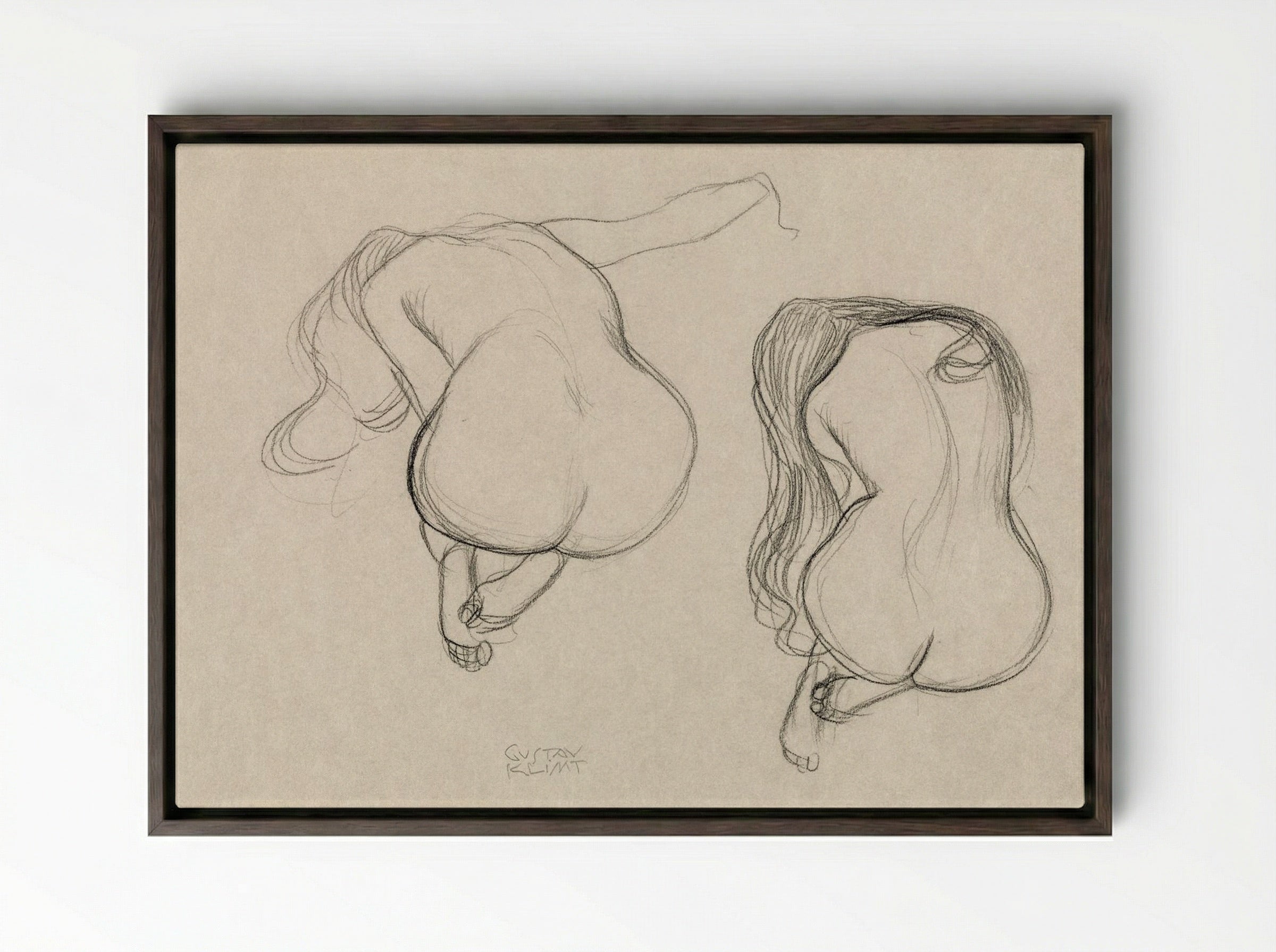 Two Studies of a Seated Nude with Long Hair - Gustav Klimt - Framed Canvas Dark Wood