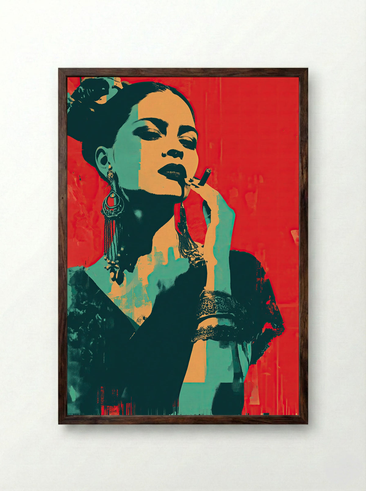 Carmen in Crimson – Bold Latin Pop Art Portrait - Framed Print Dark Wood
