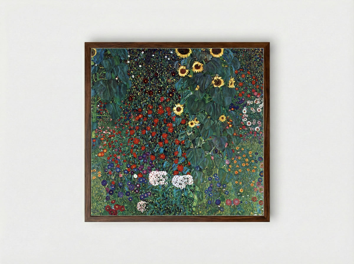 Country Garden with Sunflowers - Gustav Klimt - Framed Print Dark Wood