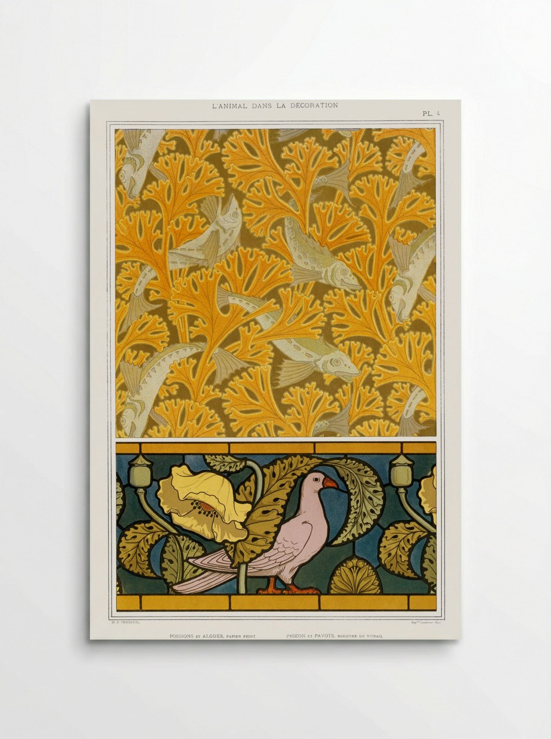 Poisson et Algues, Papier Peint; Pigeon et Pavots, Bordure de Vitrail - Maurice Pillard Verneuil - Poster