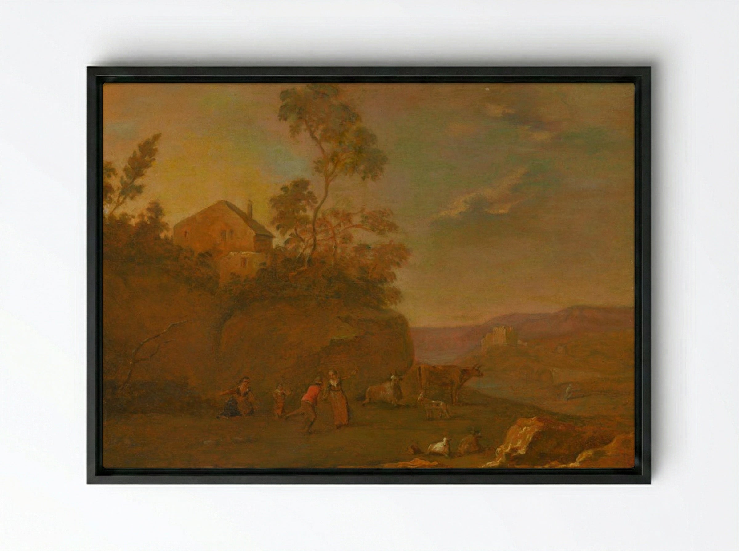 Early Evening: Landscape with Figures and Cattle - Thomas Gainsborough - Framed Canvas Black
