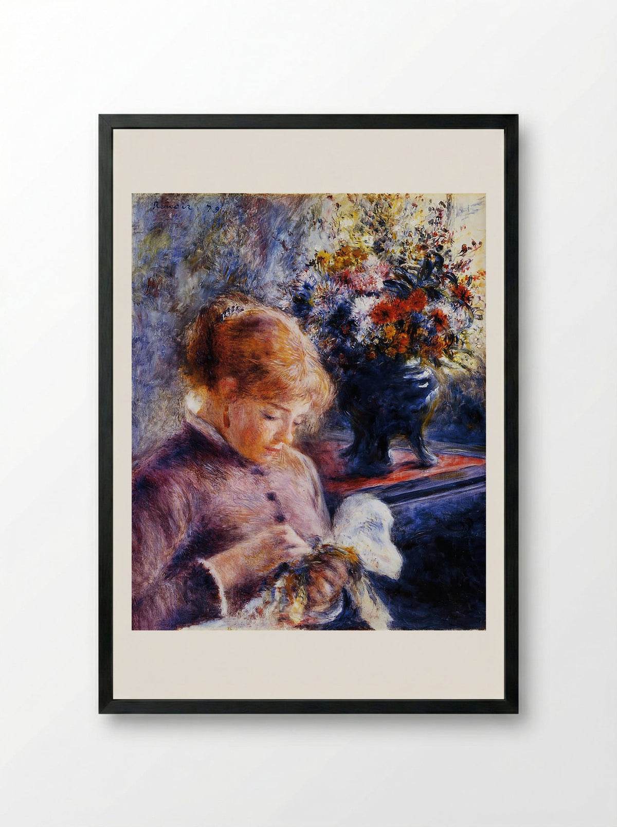 Young Woman Sewing - Pierre-Auguste Renoir - Framed Print Black