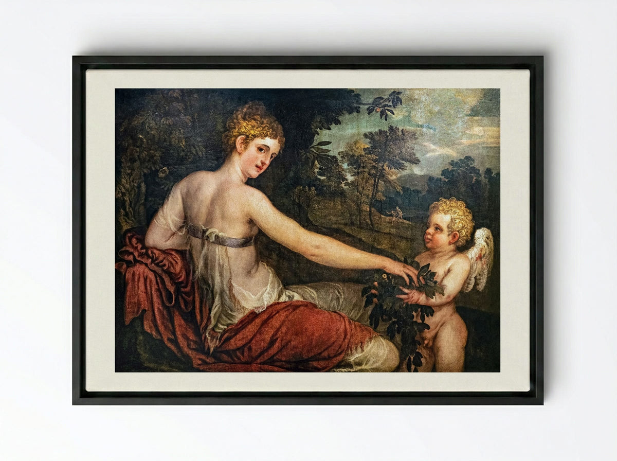 Flora with Cupid in a Landscape - Lambert Sustris - Framed Canvas Black