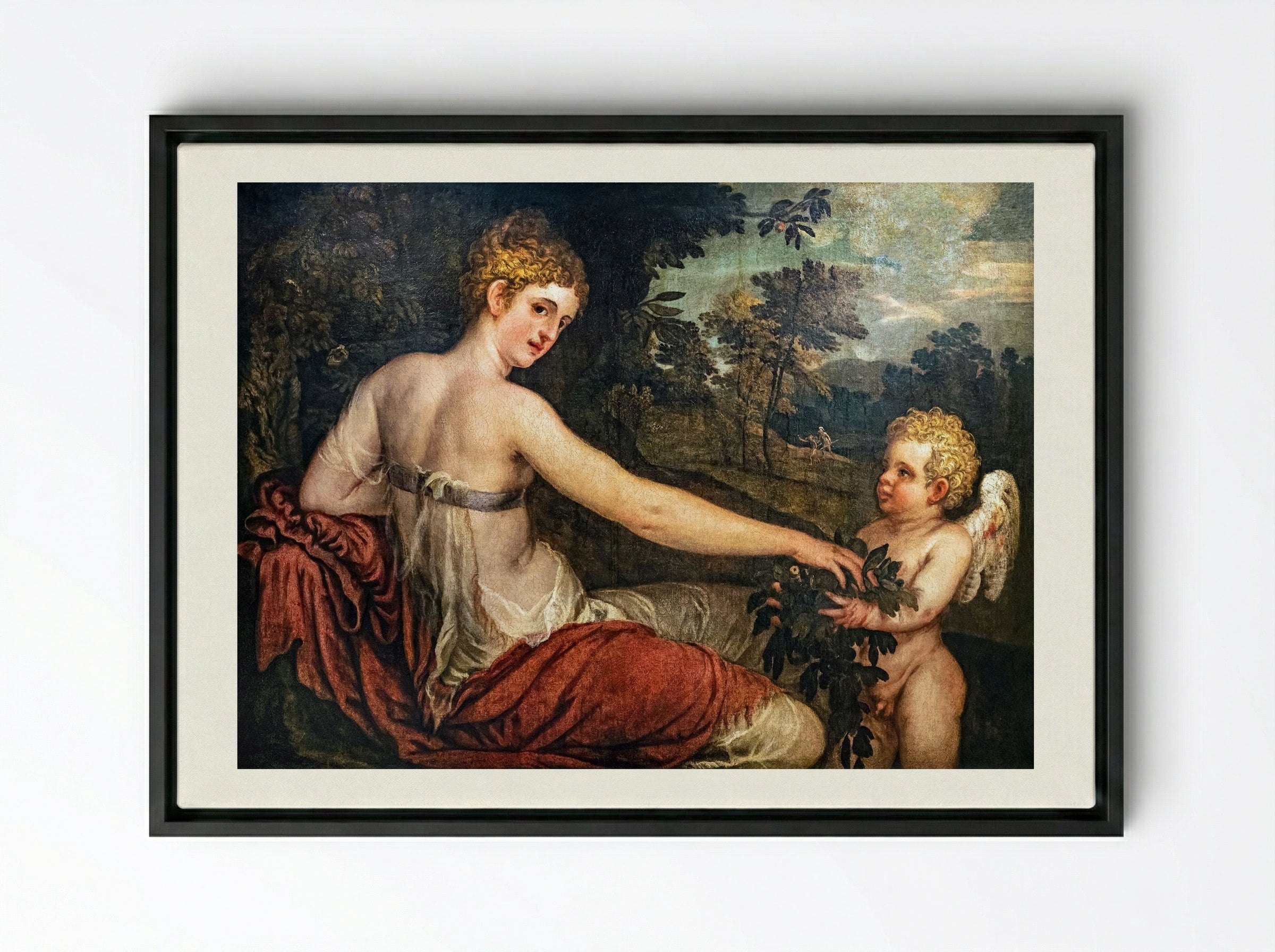 Flora with Cupid in a Landscape - Lambert Sustris - Framed Canvas Black
