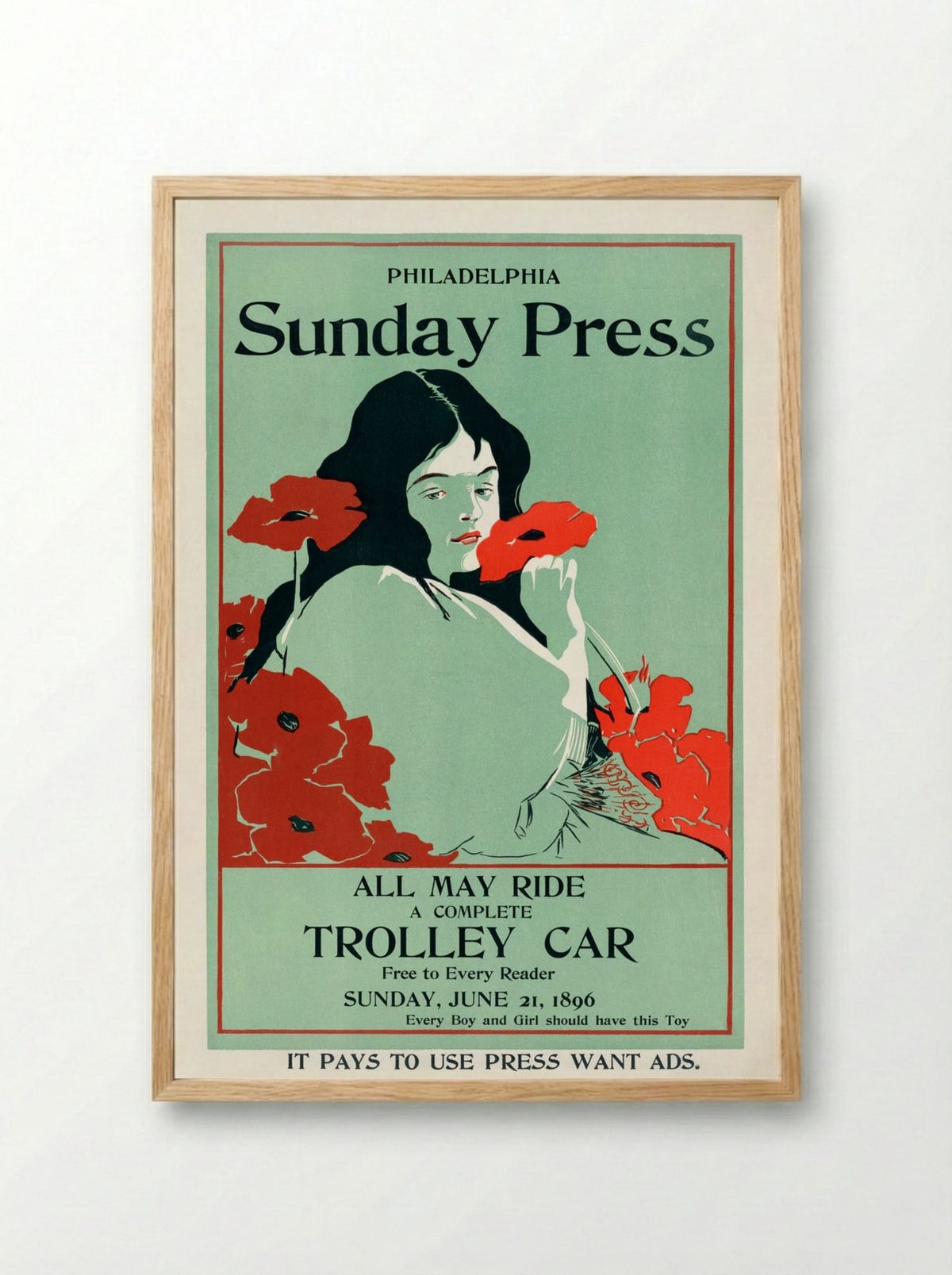 All May Ride: Philadelphia Sunday Press Trolley Car Advertisement - George Reiter Brill - Framed Print Wood