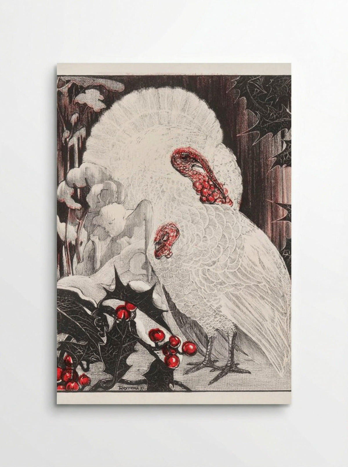Two White Turkeys with Holly Branches in the Snow - Theo van Hoytema - Poster