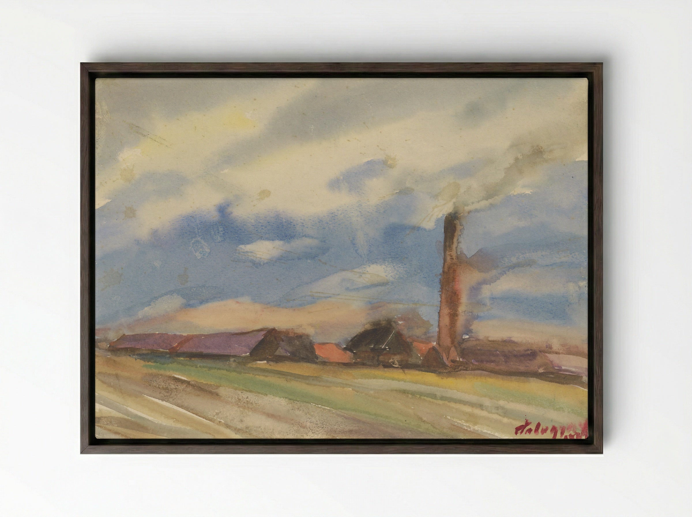 Brown Village, View from the Fields - Zolo Palugyay - Framed Canvas Dark Wood