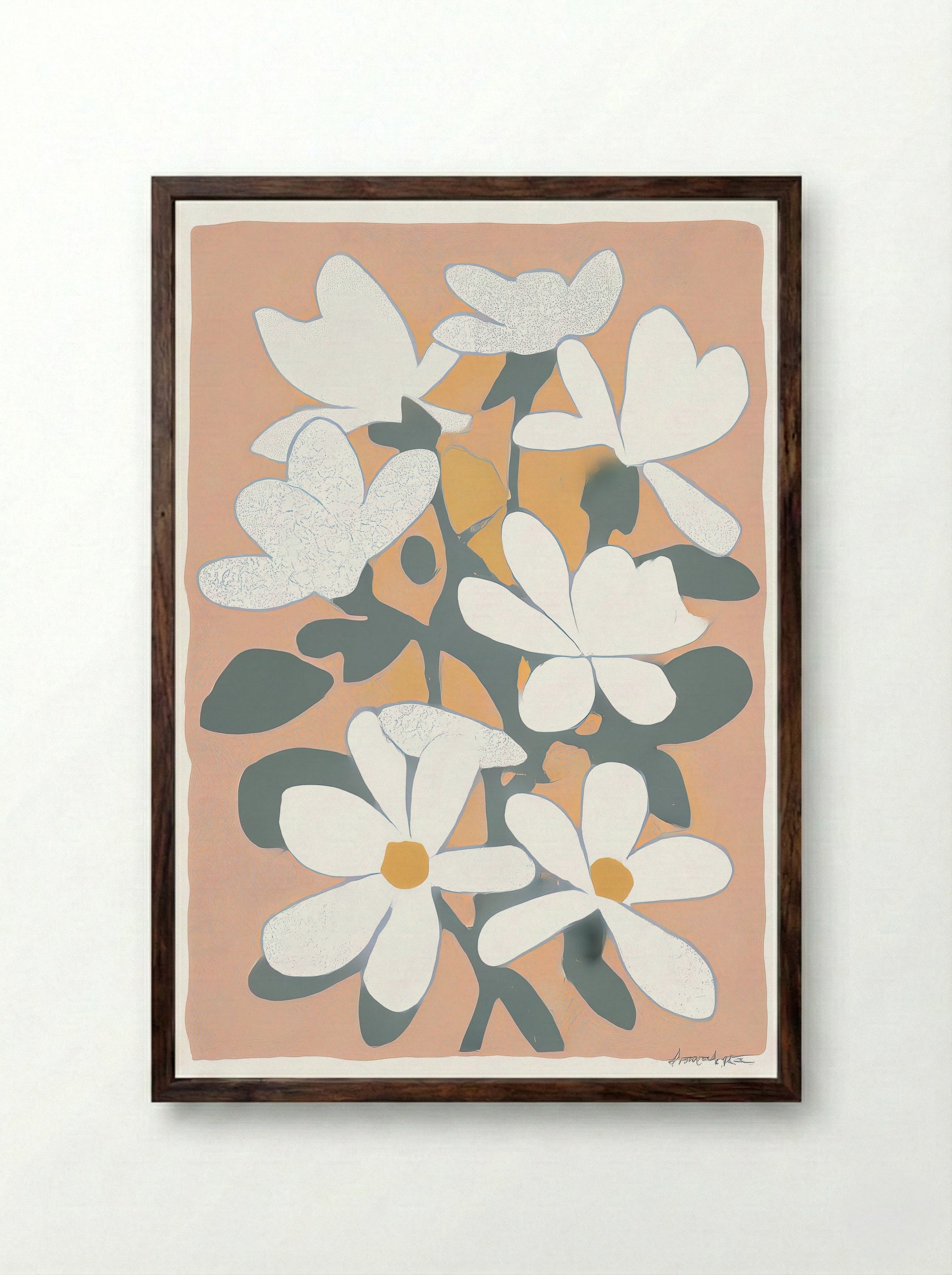 Magnolia Field Soft Bloom Floral Art Print - Framed Print Dark Wood
