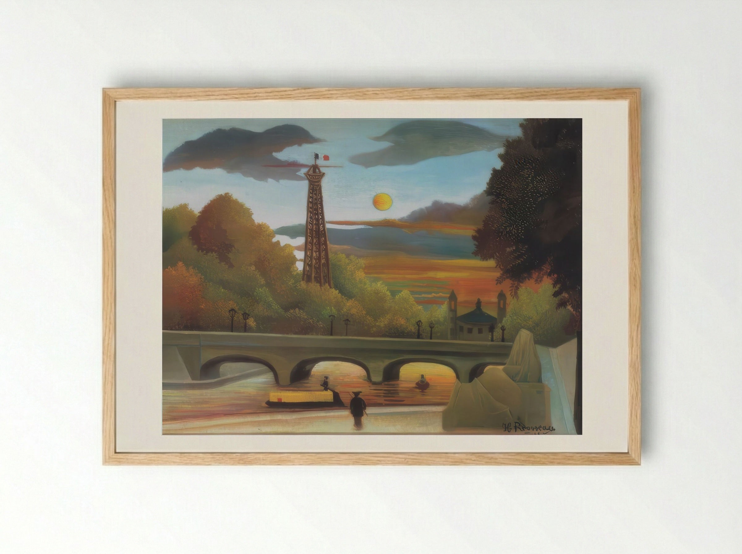 The Seine and the Eiffel Tower in the Sunset by Henri Rousseau – Naïve Art Paris Landscape Print - Framed Print Wood