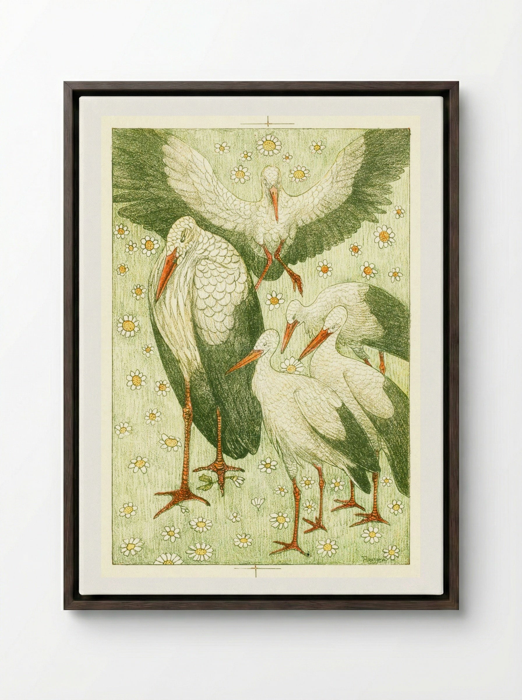 Vijf ooievaars in een wei (Five Storks in a Meadow) - Theo van Hoytema - Framed Canvas Dark Wood