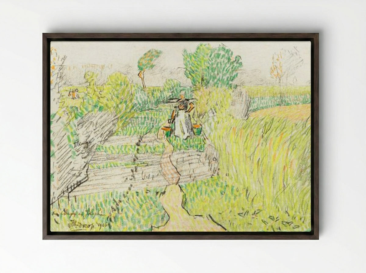 Peasant Woman with Milk Buckets in a Wheat Field - Jan Toorop - Framed Canvas Dark Wood