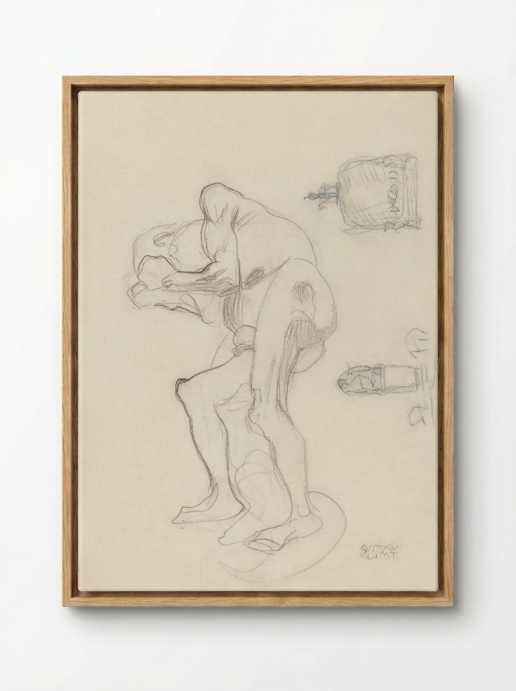 Study of a Nude Old Woman Clenching Her Fists and Two Decorative Objects - Gustav Klimt - Framed Canvas Wood