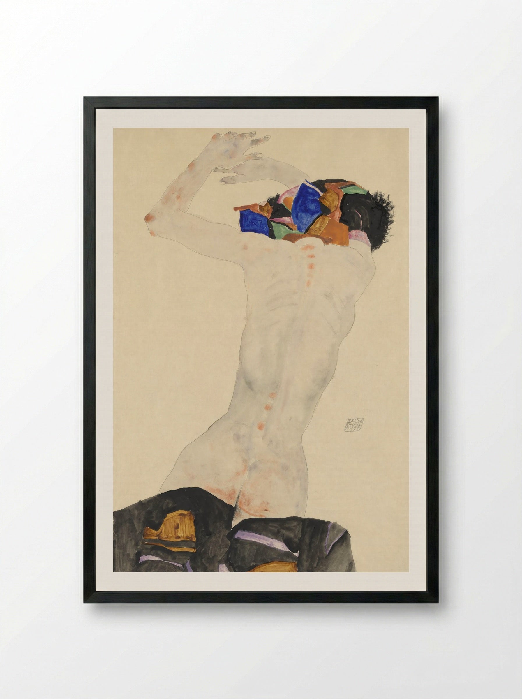 Reclining Nude with Colourful Cloth - Egon Schiele - Framed Print Black