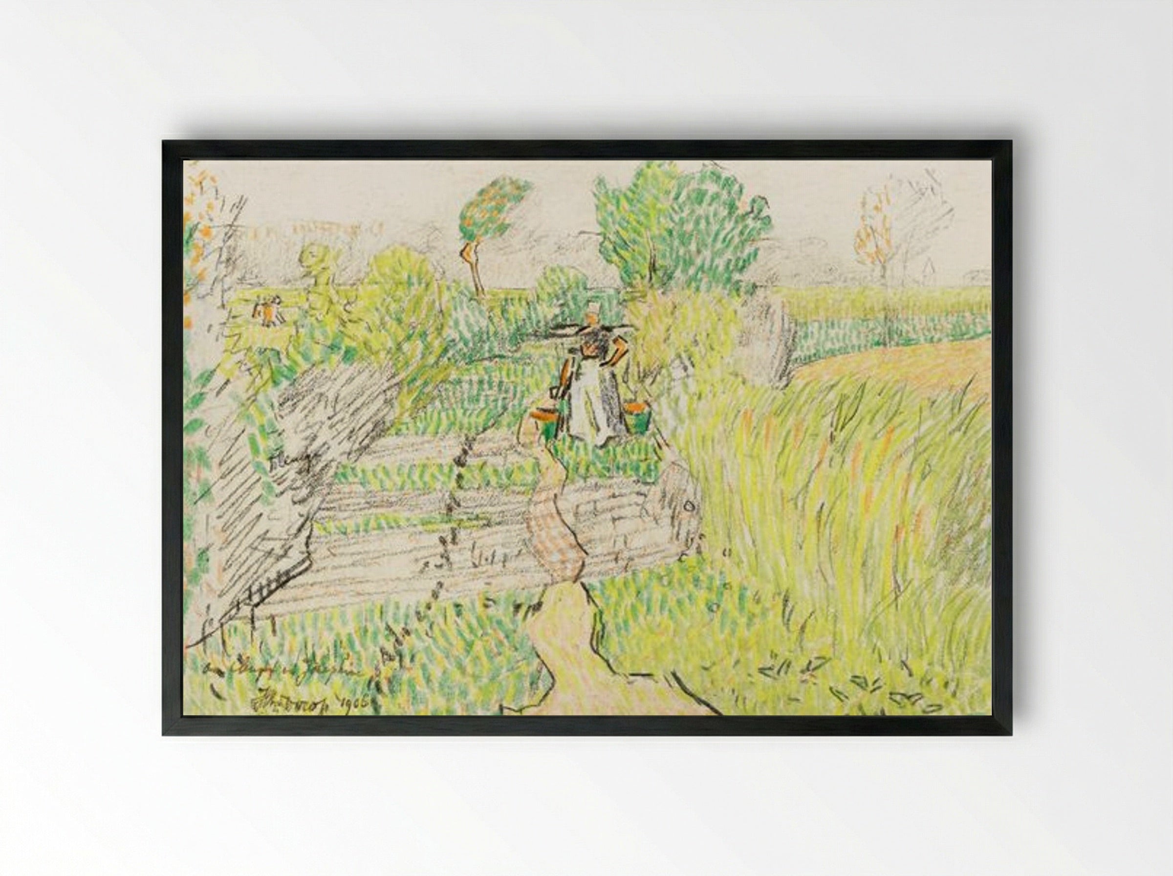 Peasant Woman with Milk Buckets in a Wheat Field - Jan Toorop - Framed Print Black