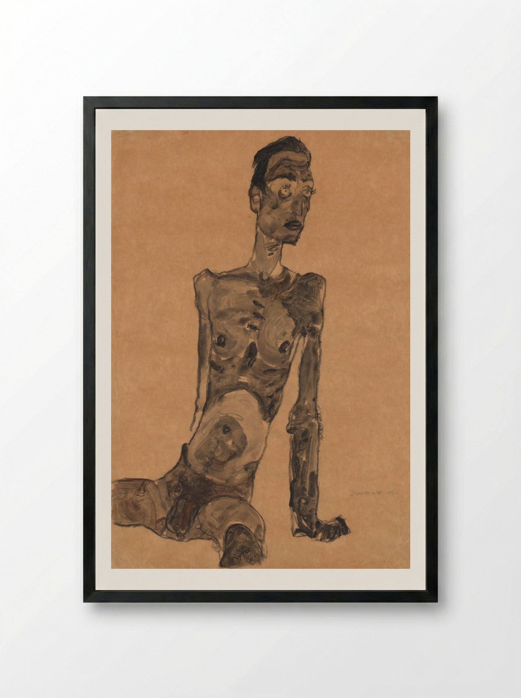 Seated Male Nude - Egon Schiele - Framed Print Black