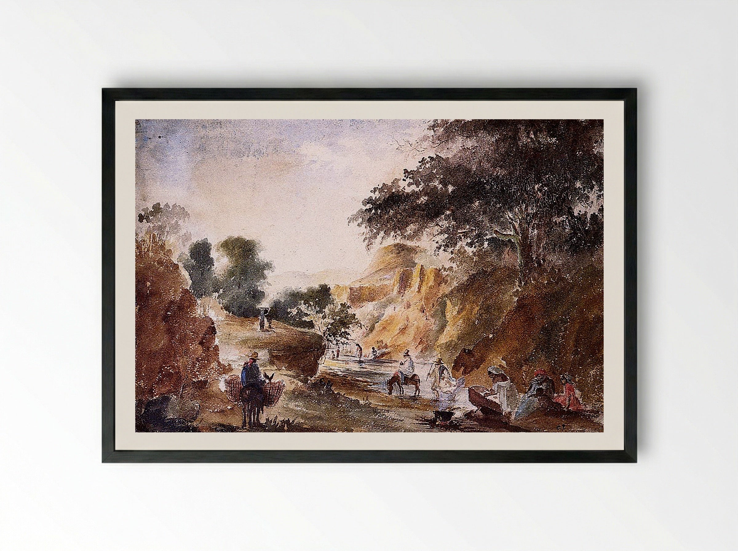 Landscape with Figures by a River - Fine Art Print - Framed Print Black