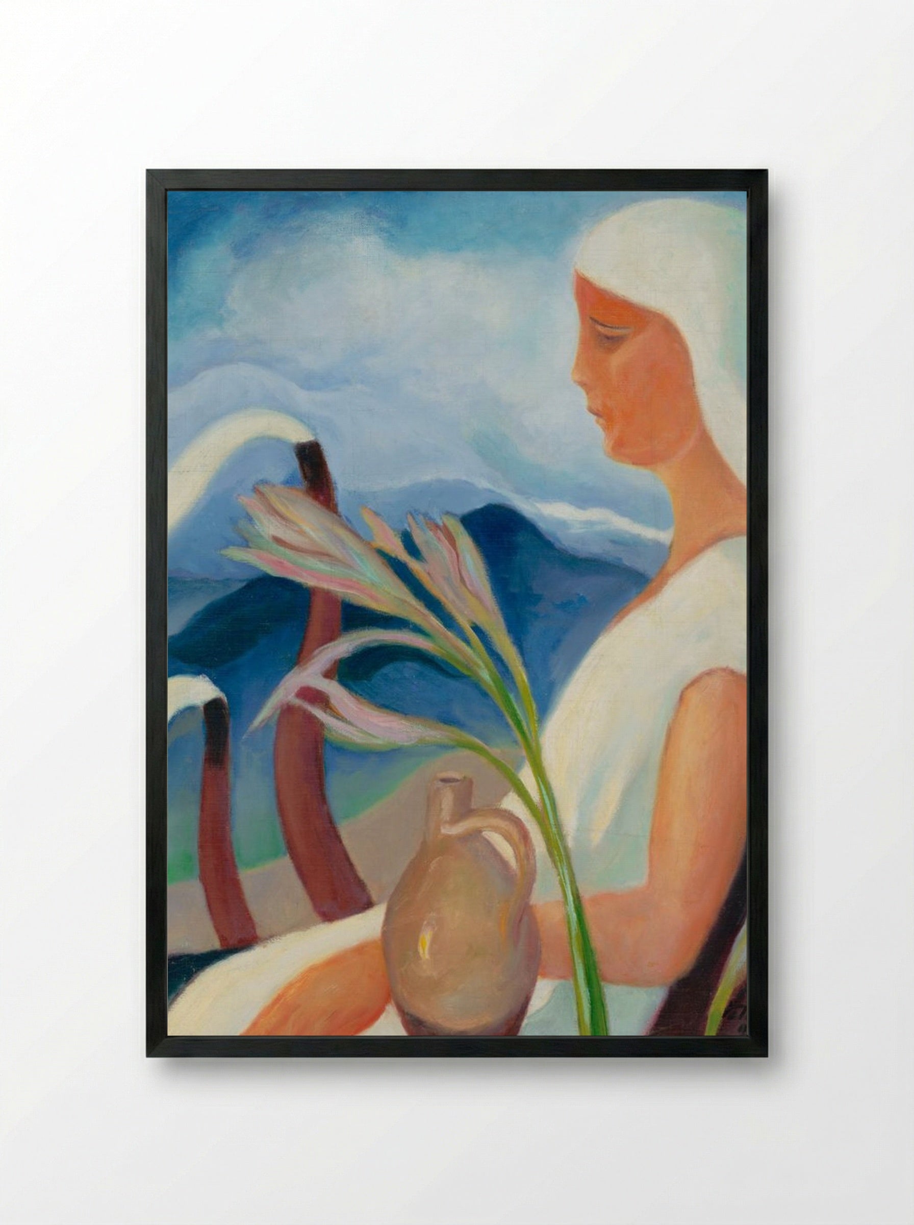 Girl in White with Factory Chimneys and Flowers - Zolo Palugyay - Framed Print Black