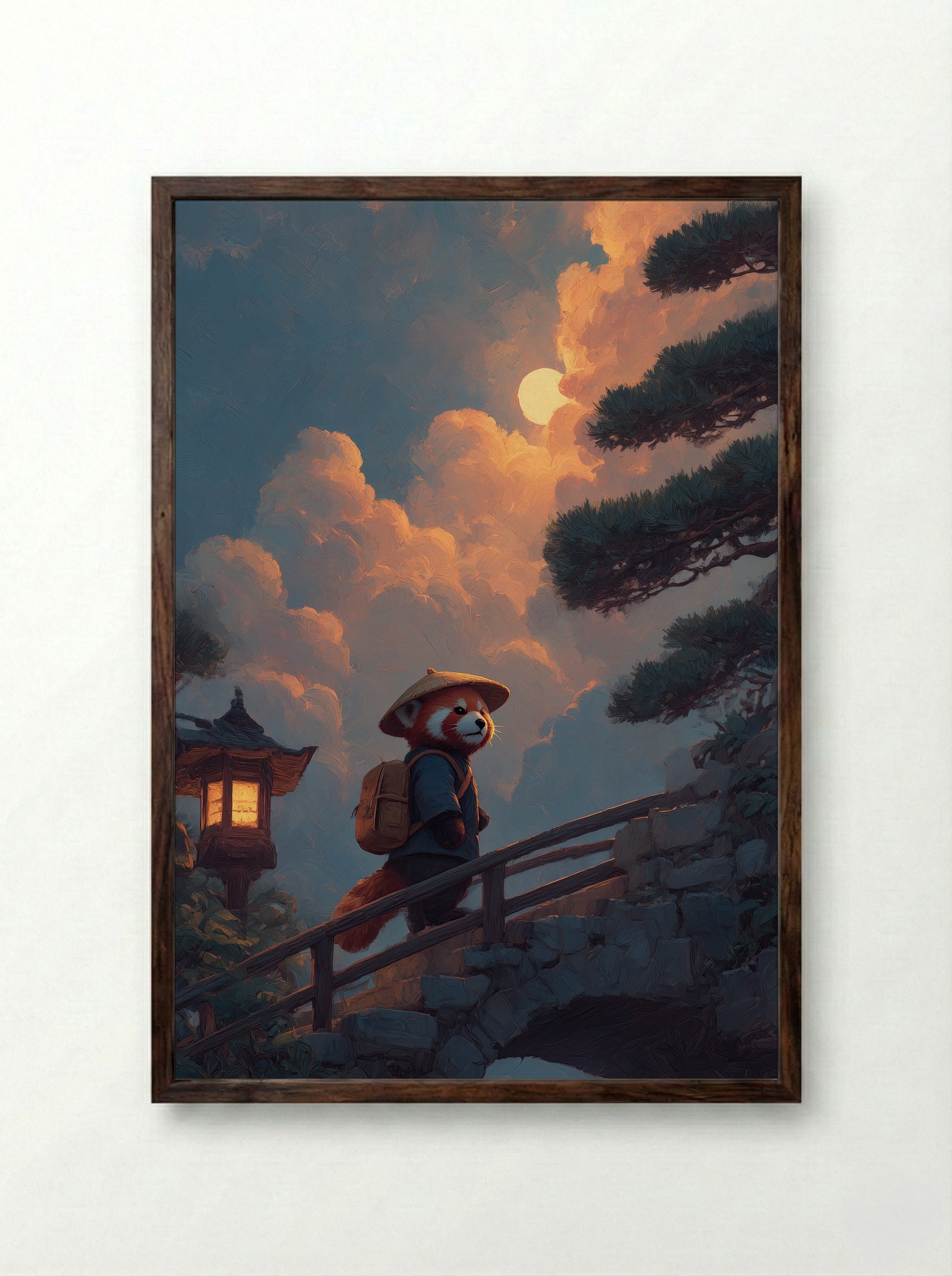 Evening Journey – Red Panda Lantern Walk Art Print - Framed Print Dark Wood