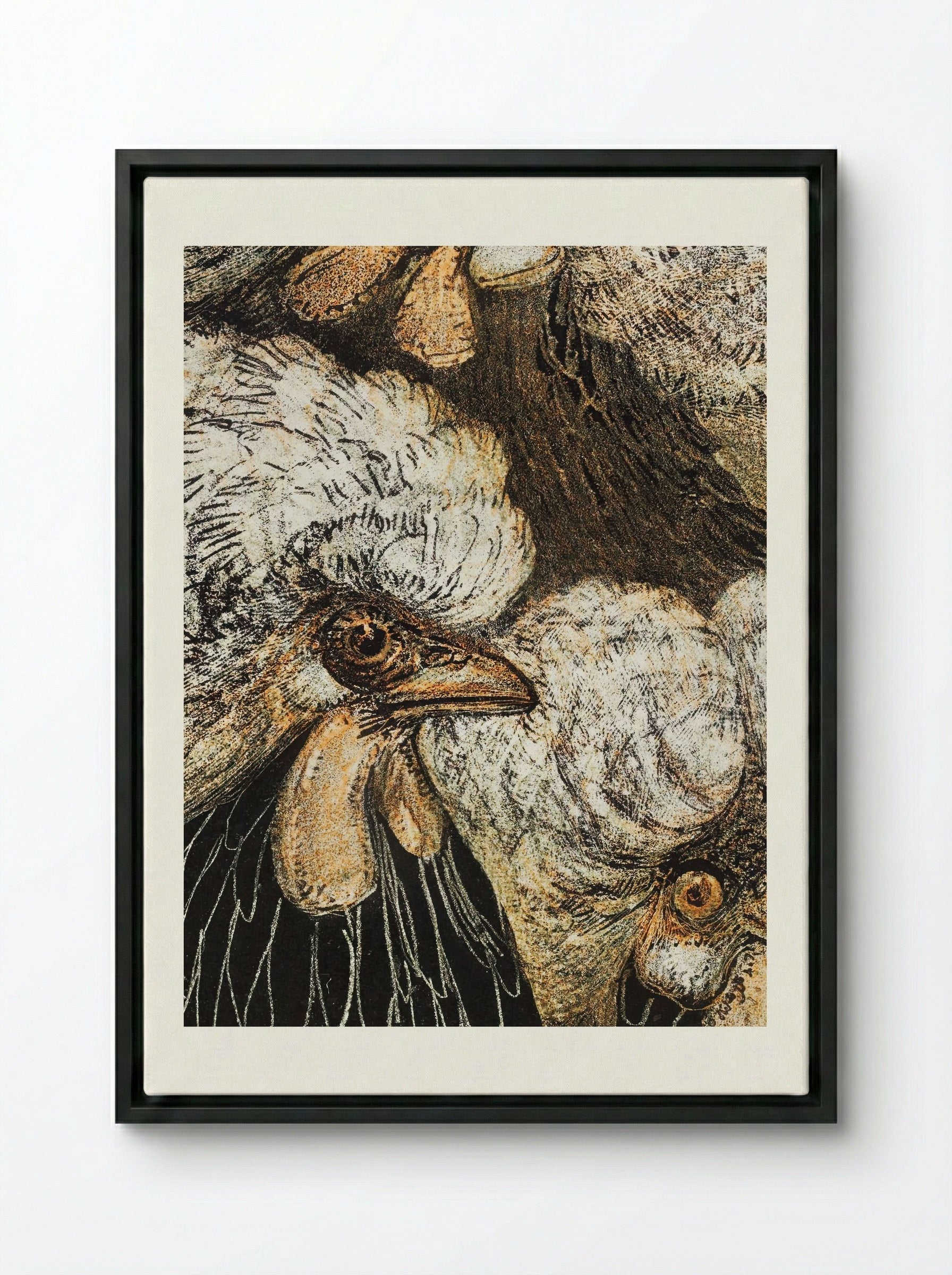 Drie kuifkippen (Three Crested Chickens) - Theo van Hoytema - Framed Canvas Black