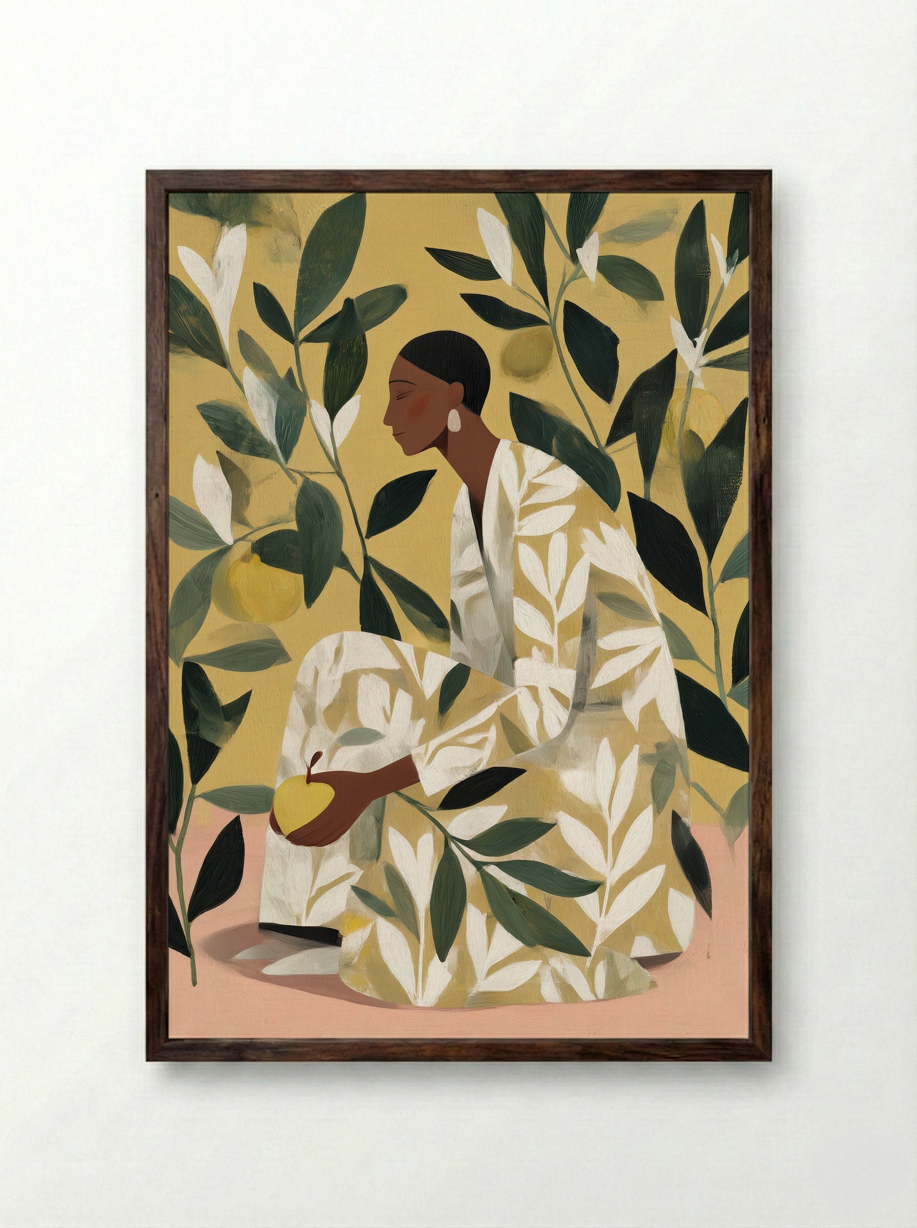Striped Elegance Sitting Woman Abstract Print - Framed Print Dark Wood