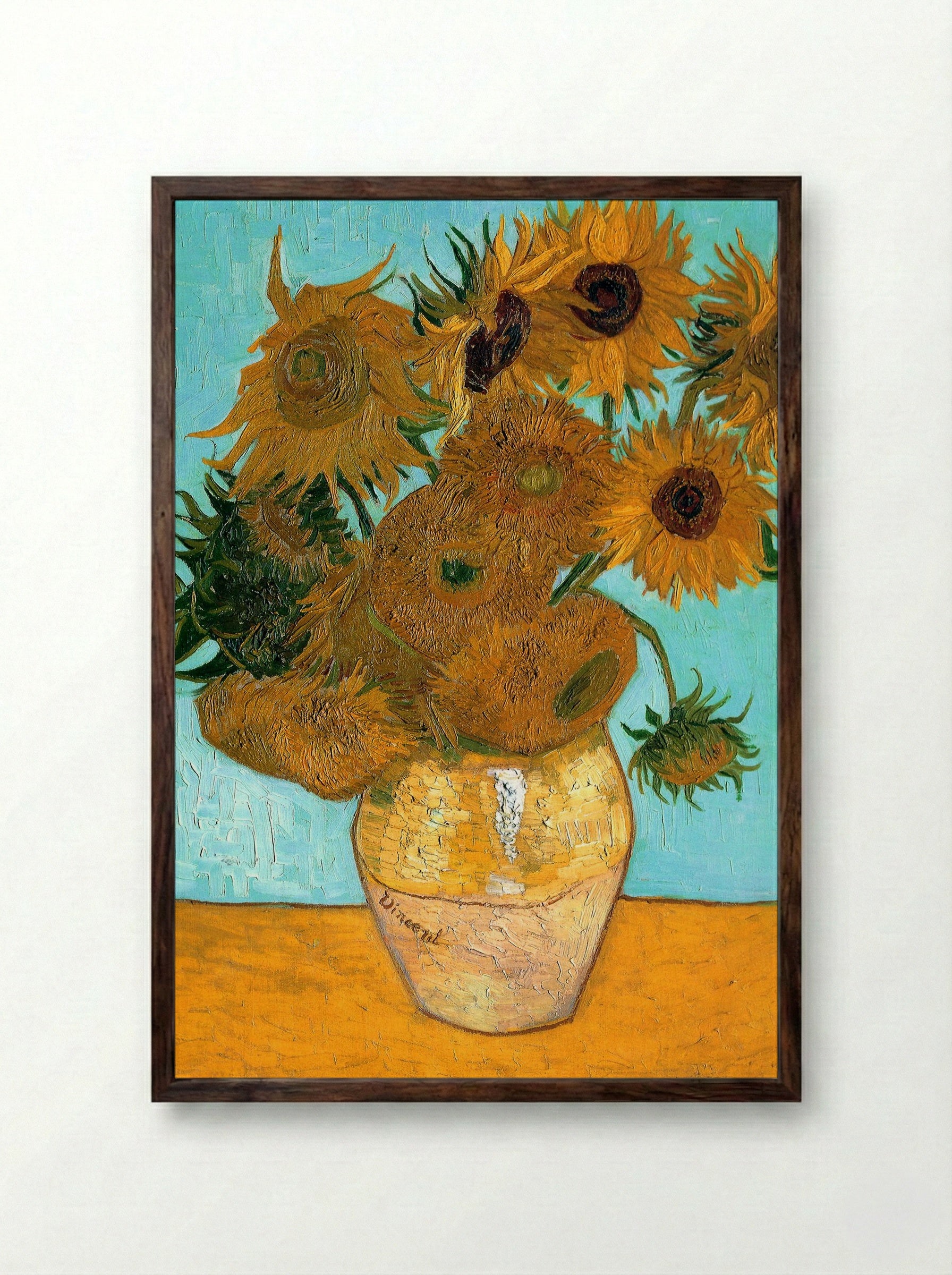 Vase with Twelve Sunflowers - Vincent van Gogh - Framed Print Dark Wood
