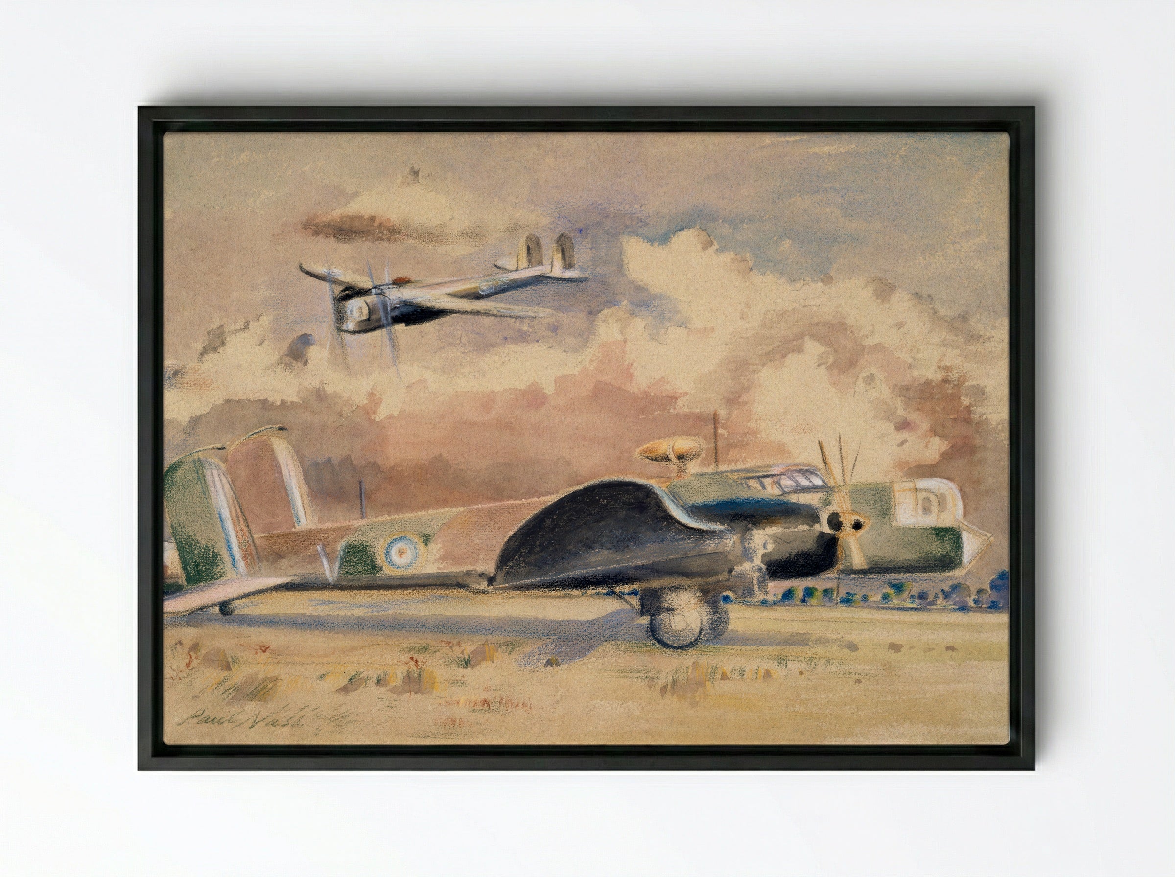 Whitley Bombers Sunning - Paul Nash - Framed Canvas Black